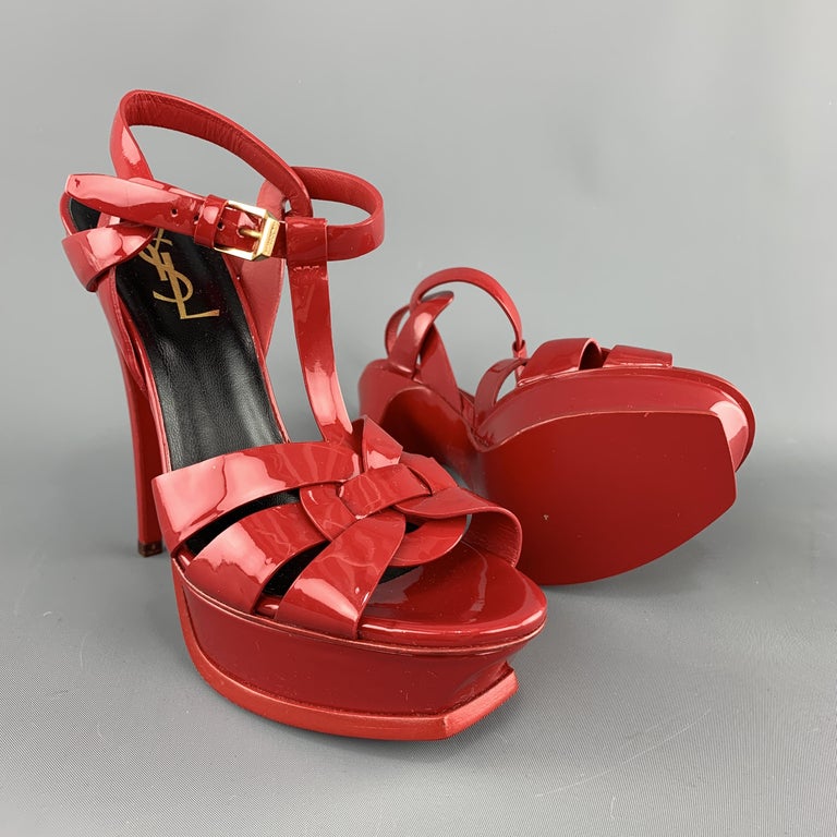 YVES SAINT LAURENT Size 6 Red Patent Leather Platform TRIBUTE Sandals ...