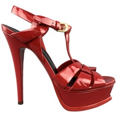 YVES SAINT LAURENT Size 6 Red Patent Leather Platform TRIBUTE Sandals