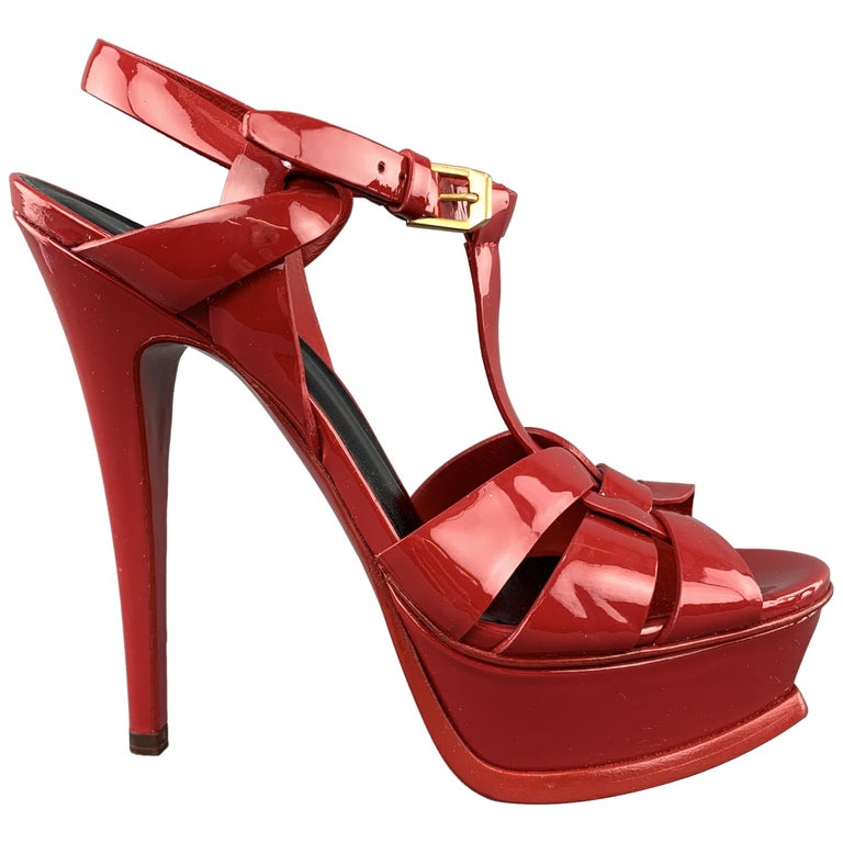 YVES SAINT LAURENT Size 6 Red Patent Leather Platform TRIBUTE Sandals ...