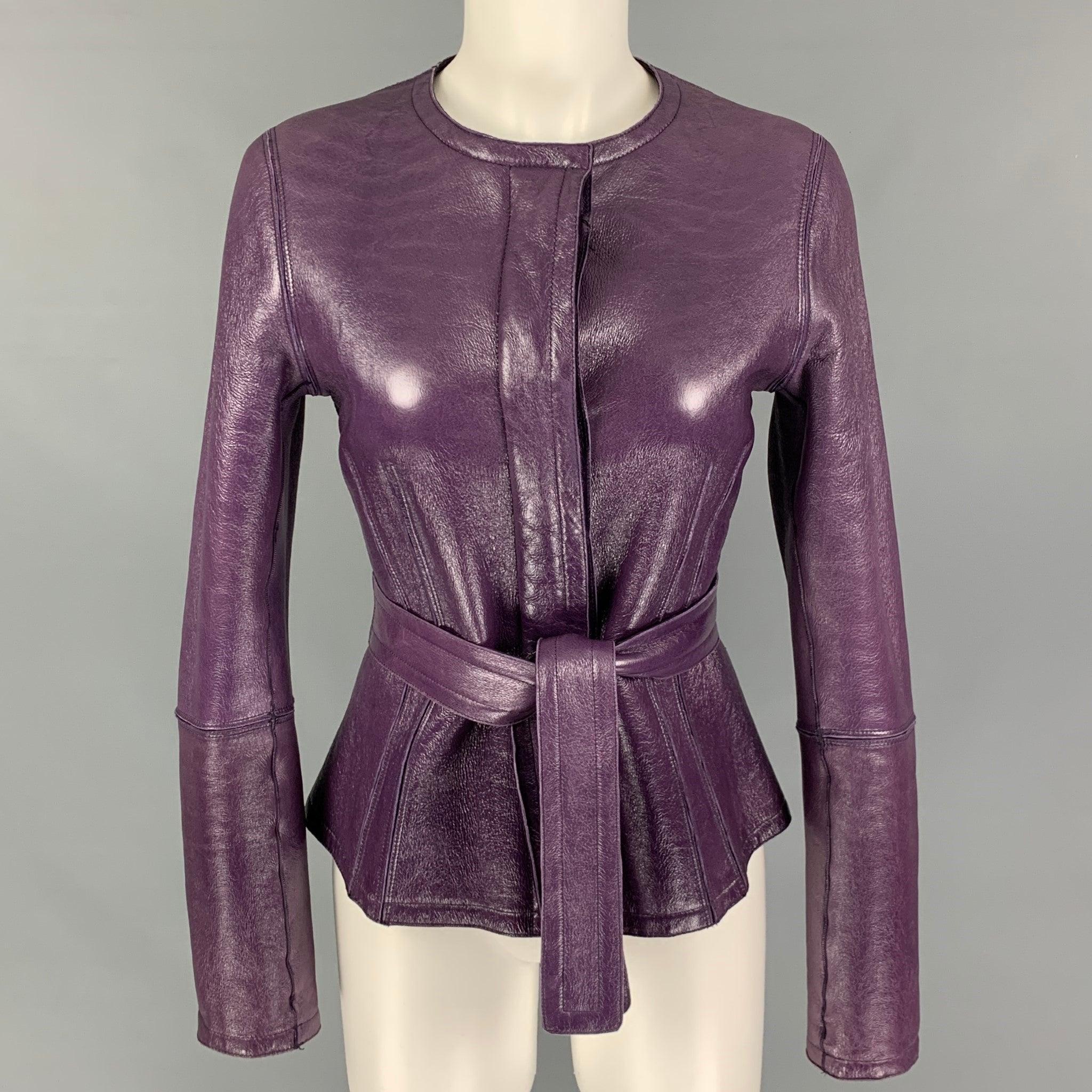 YVES SAINT LAURENT Size 6 Shearling Patent Leather Reversible Belted Jacket For Sale 1