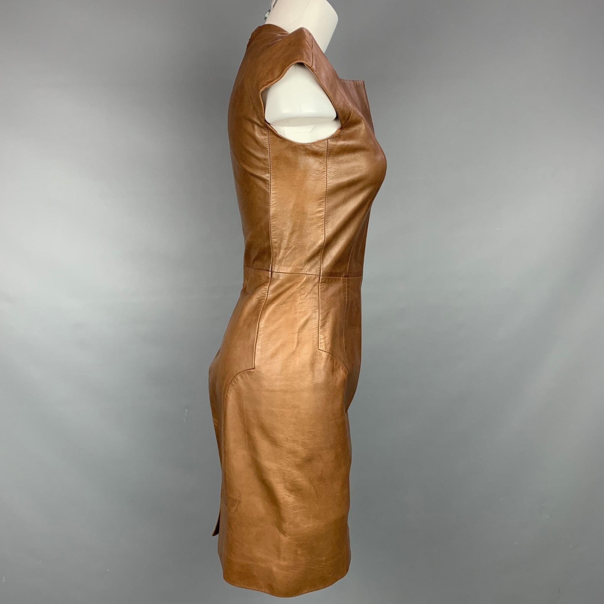 YVES SAINT LAURENT Size 6 Tan Leather Cap Sleeves Shift Dress In Good Condition For Sale In San Francisco, CA