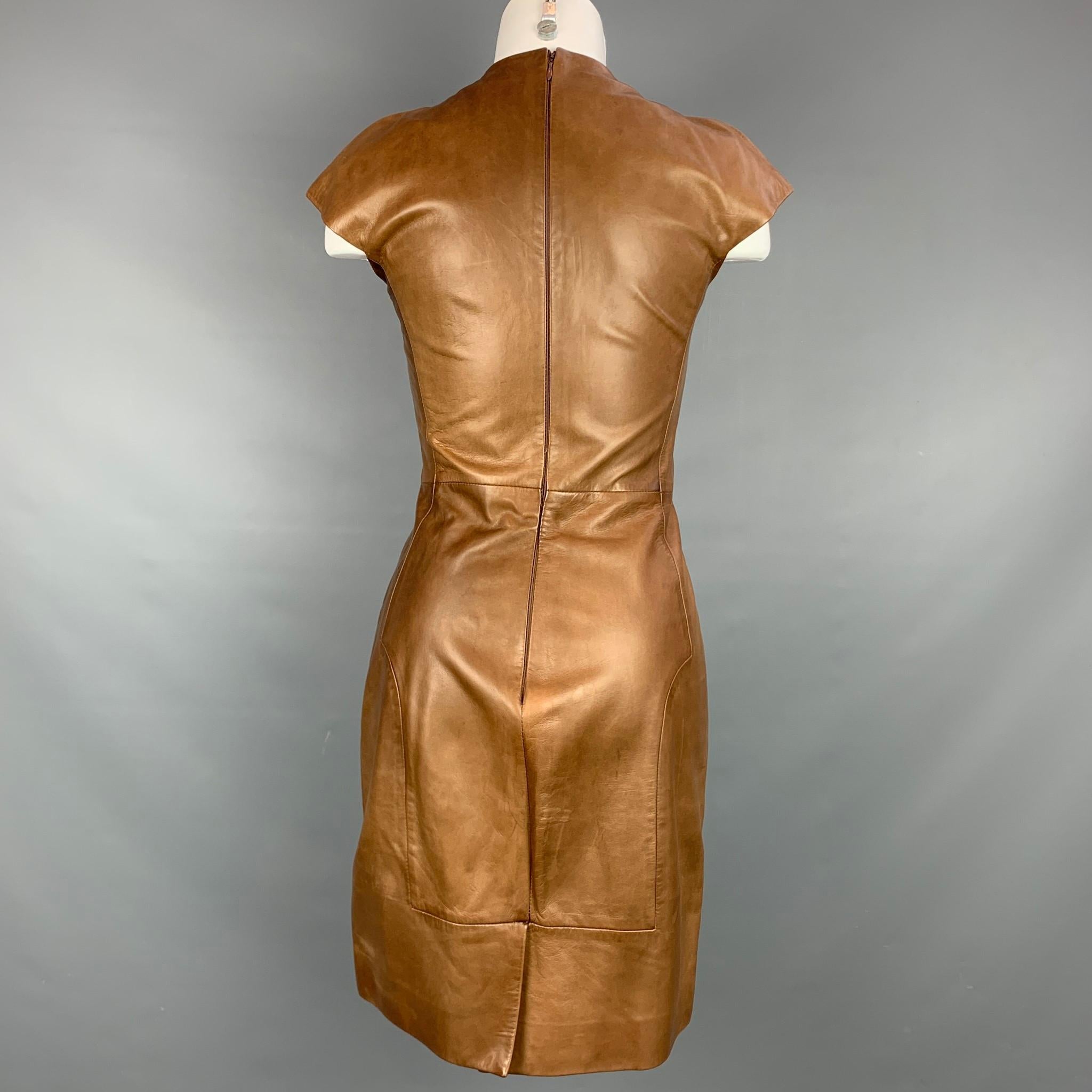 Brown YVES SAINT LAURENT Size 6 Tan Leather Cap Sleeves Shift Dress