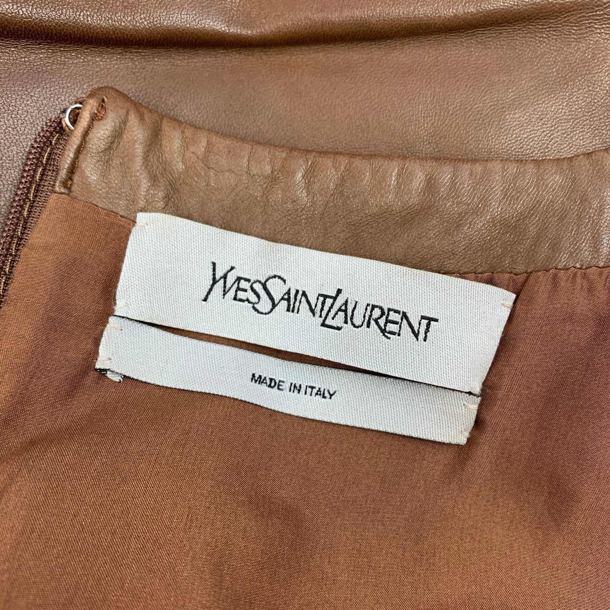 YVES SAINT LAURENT Size 6 Tan Leather Cap Sleeves Shift Dress For Sale 2