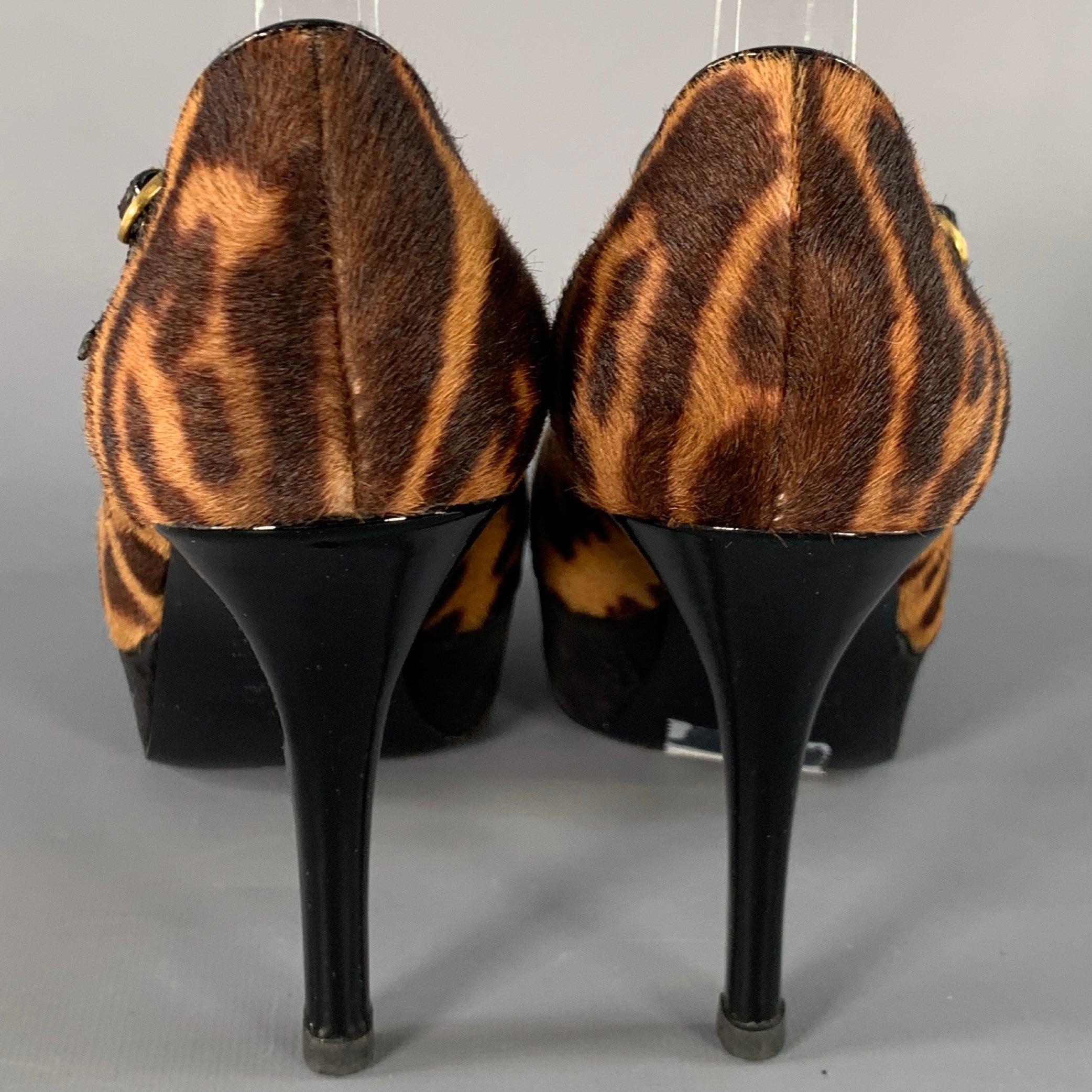 YVES SAINT LAURENT Size 6 Tribute  Brown Black Calf Hair Animal Print Platform Sandals In Good Condition For Sale In San Francisco, CA
