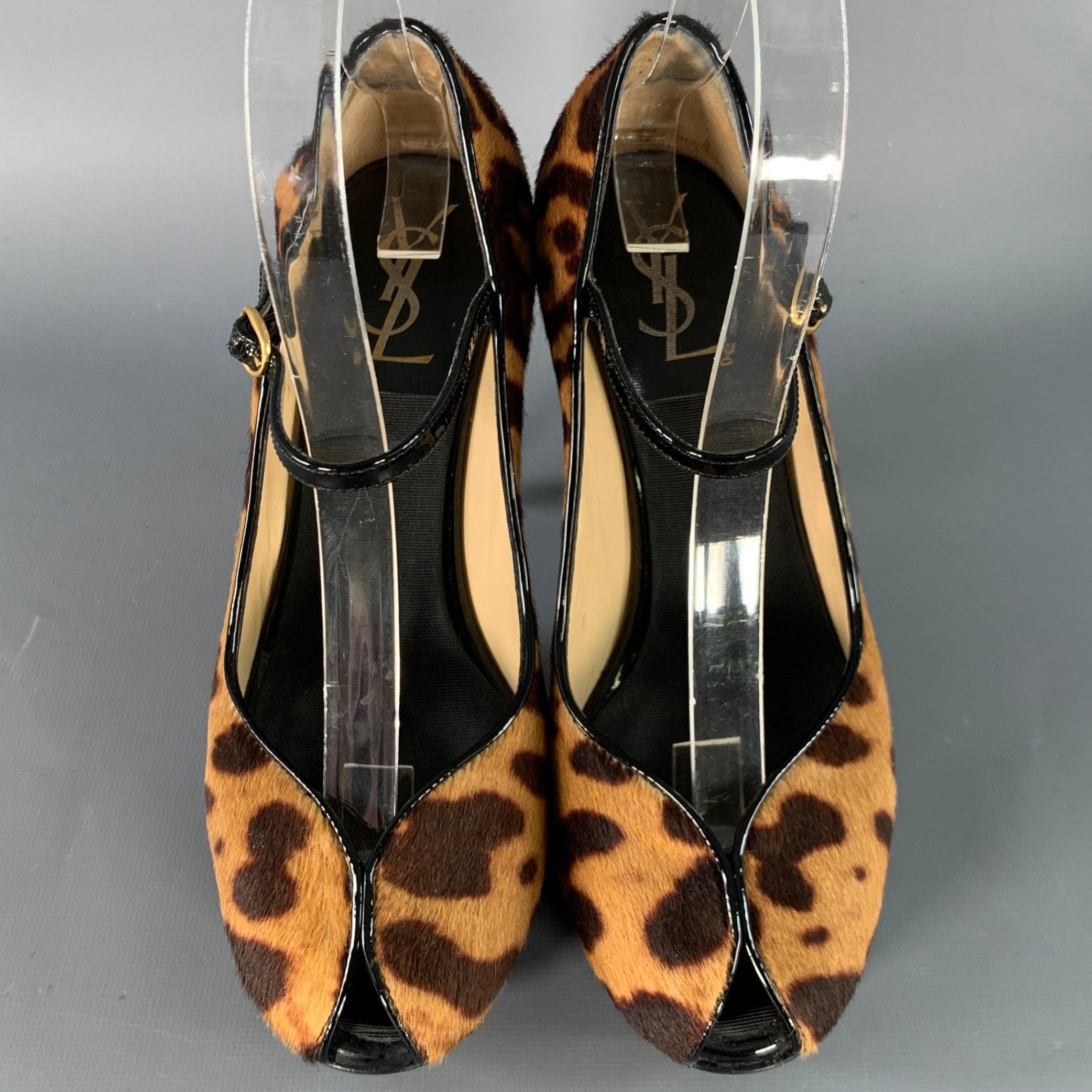 Women's YVES SAINT LAURENT Size 6 Tribute  Brown Black Calf Hair Animal Print Platform Sandals For Sale