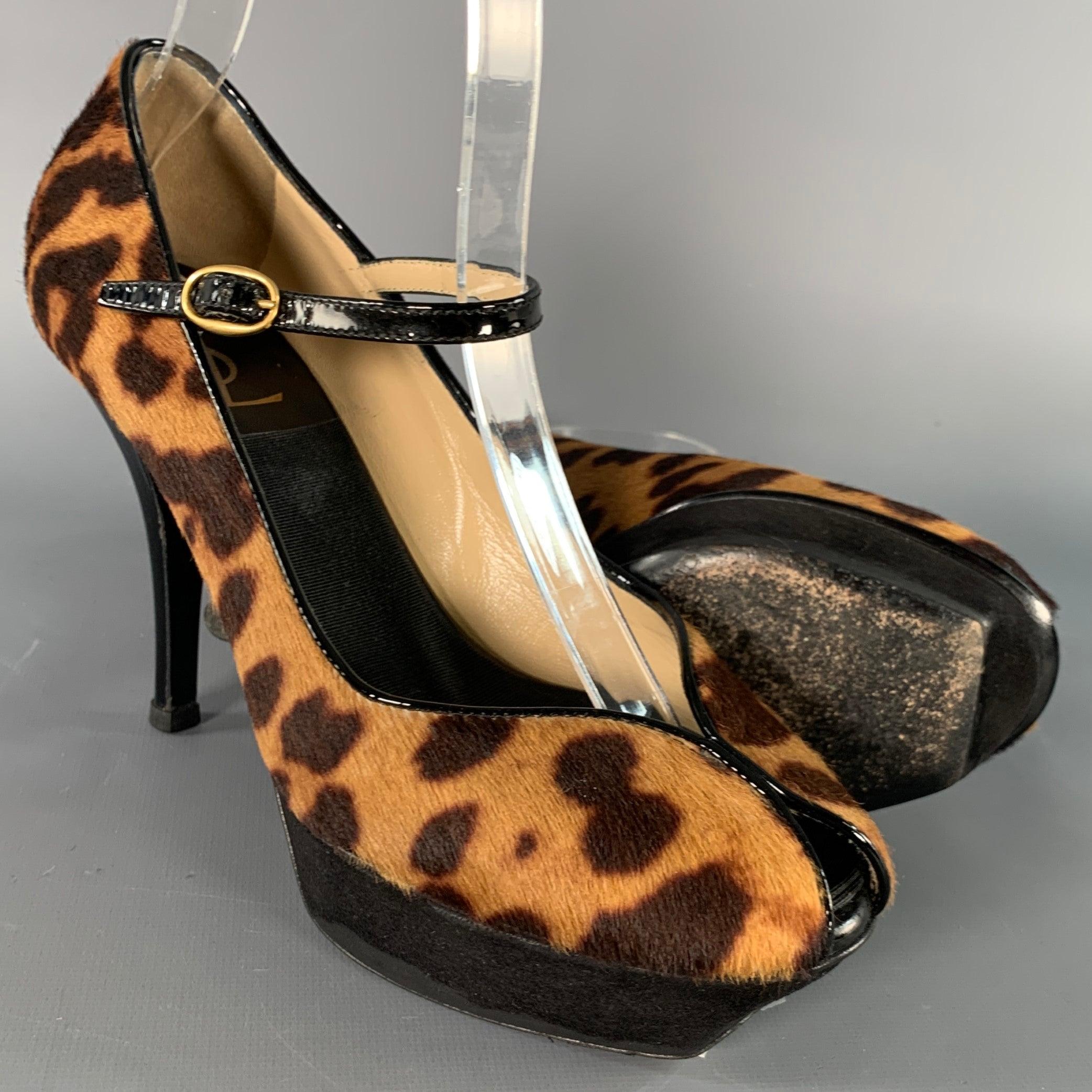 YVES SAINT LAURENT Size 6 Tribute  Brown Black Calf Hair Animal Print Platform Sandals For Sale 1
