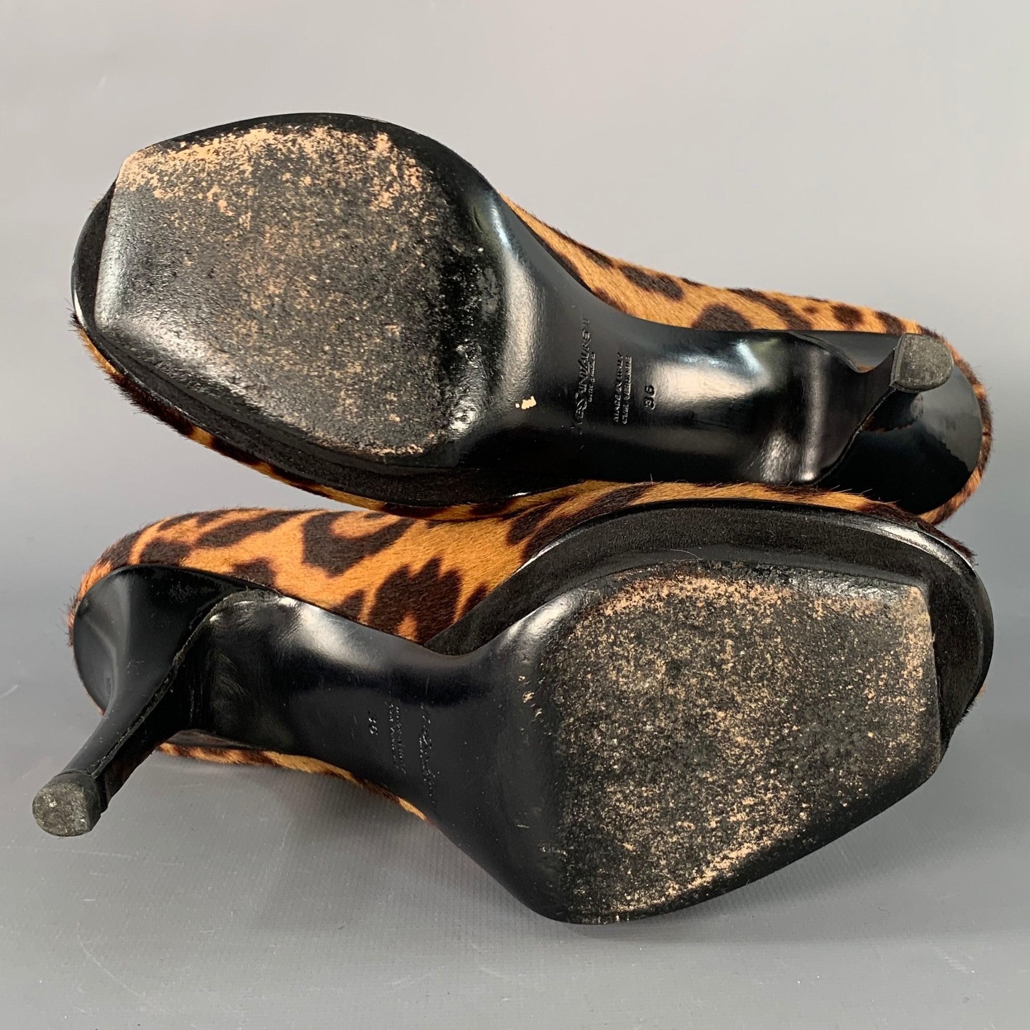 YVES SAINT LAURENT Size 6 Tribute  Brown Black Calf Hair Animal Print Platform Sandals For Sale 2