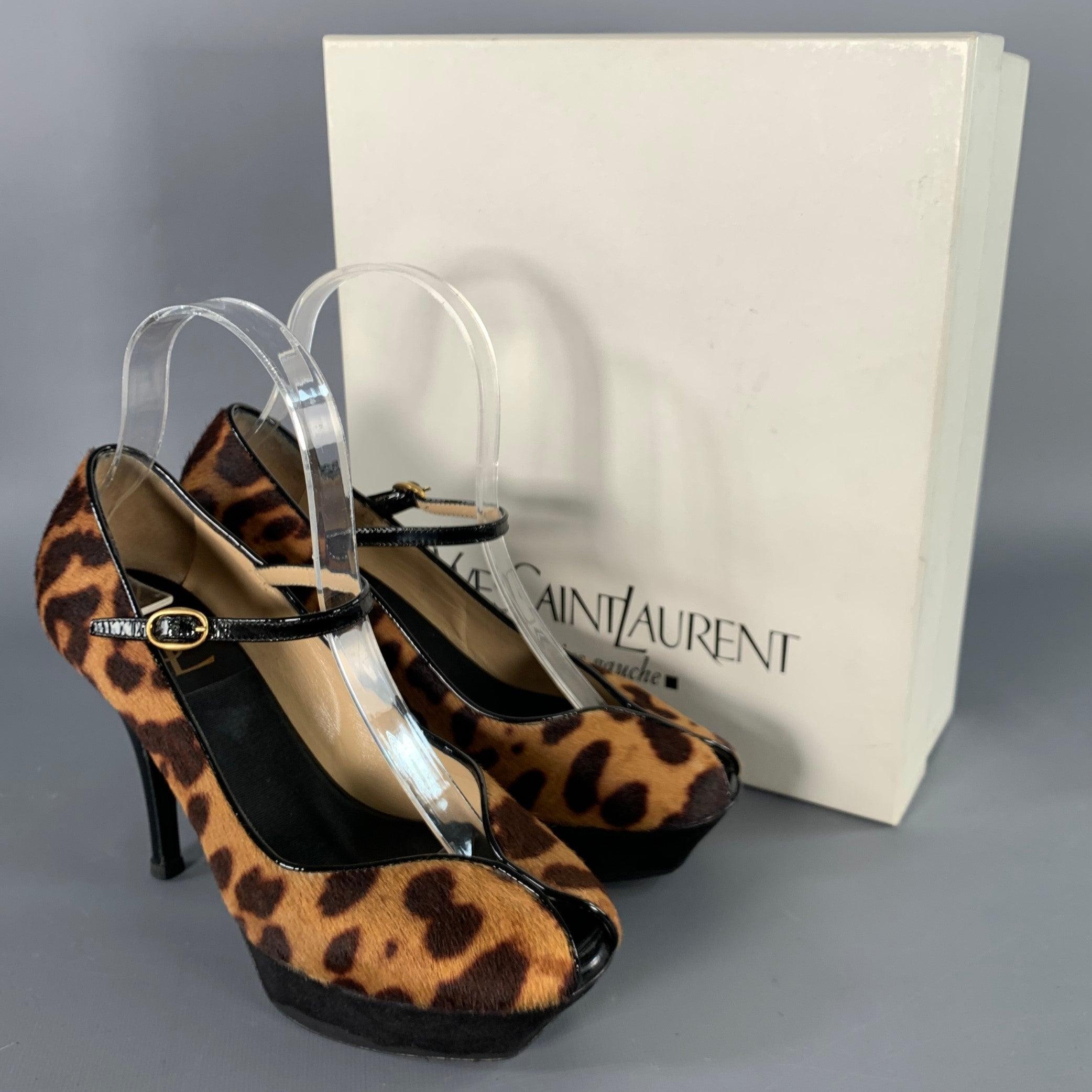 YVES SAINT LAURENT Size 6 Tribute  Brown Black Calf Hair Animal Print Platform Sandals For Sale 3