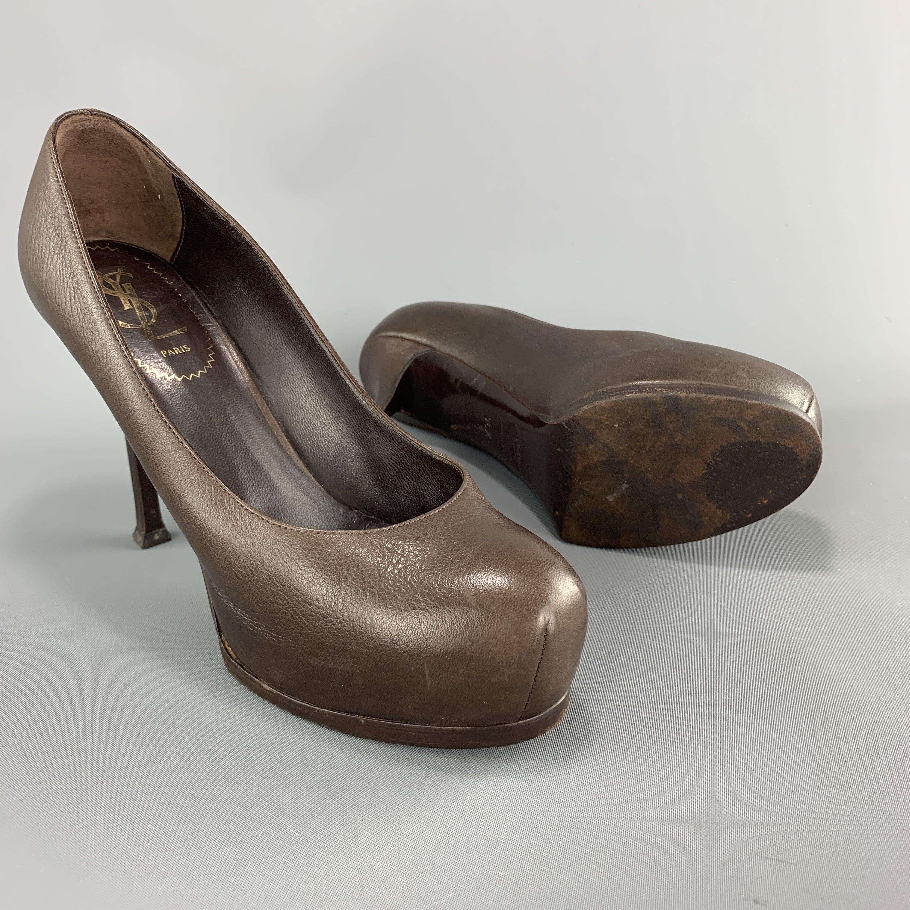YVES SAINT LAURENT Size 6.5 Brown Leather TRIBUTE Platform Pumps In Good Condition For Sale In San Francisco, CA