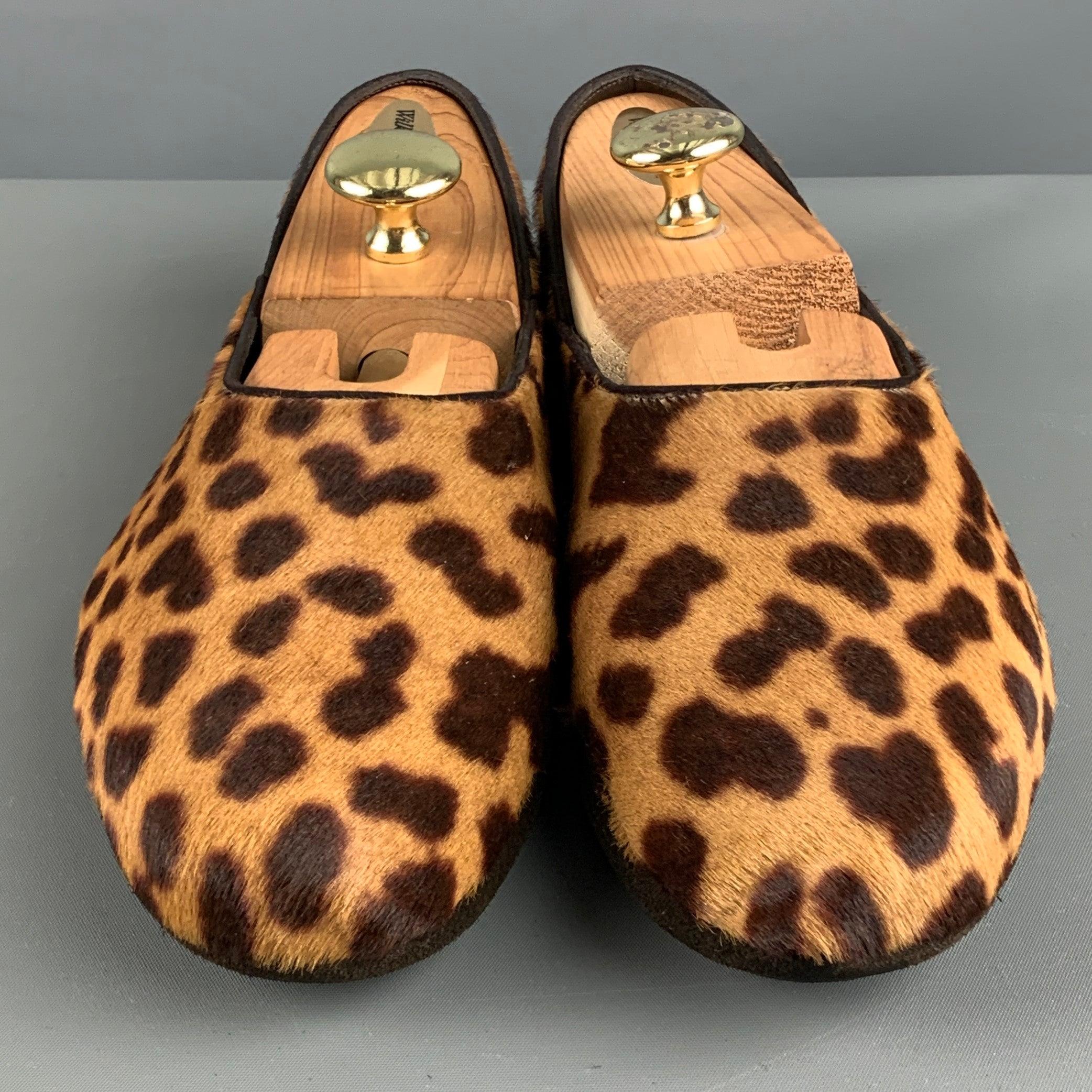 Men's YVES SAINT LAURENT Size 7 Brown Tan Animal Print Leather Slippers Loafers