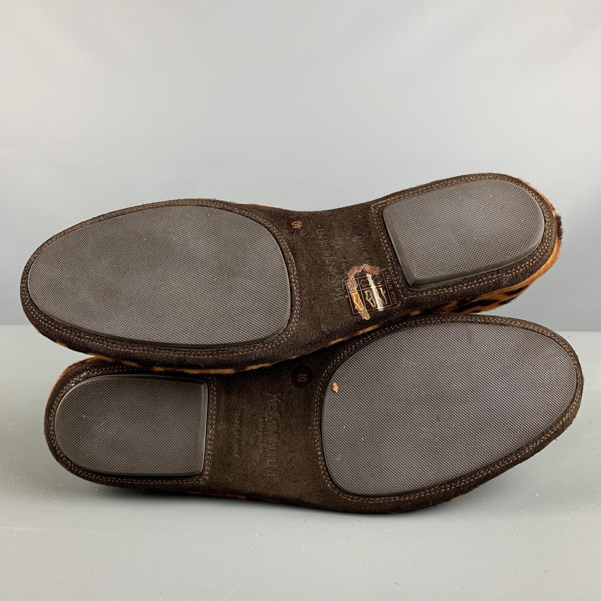 YVES SAINT LAURENT Size 7 Brown Tan Animal Print Leather Slippers Loafers 2