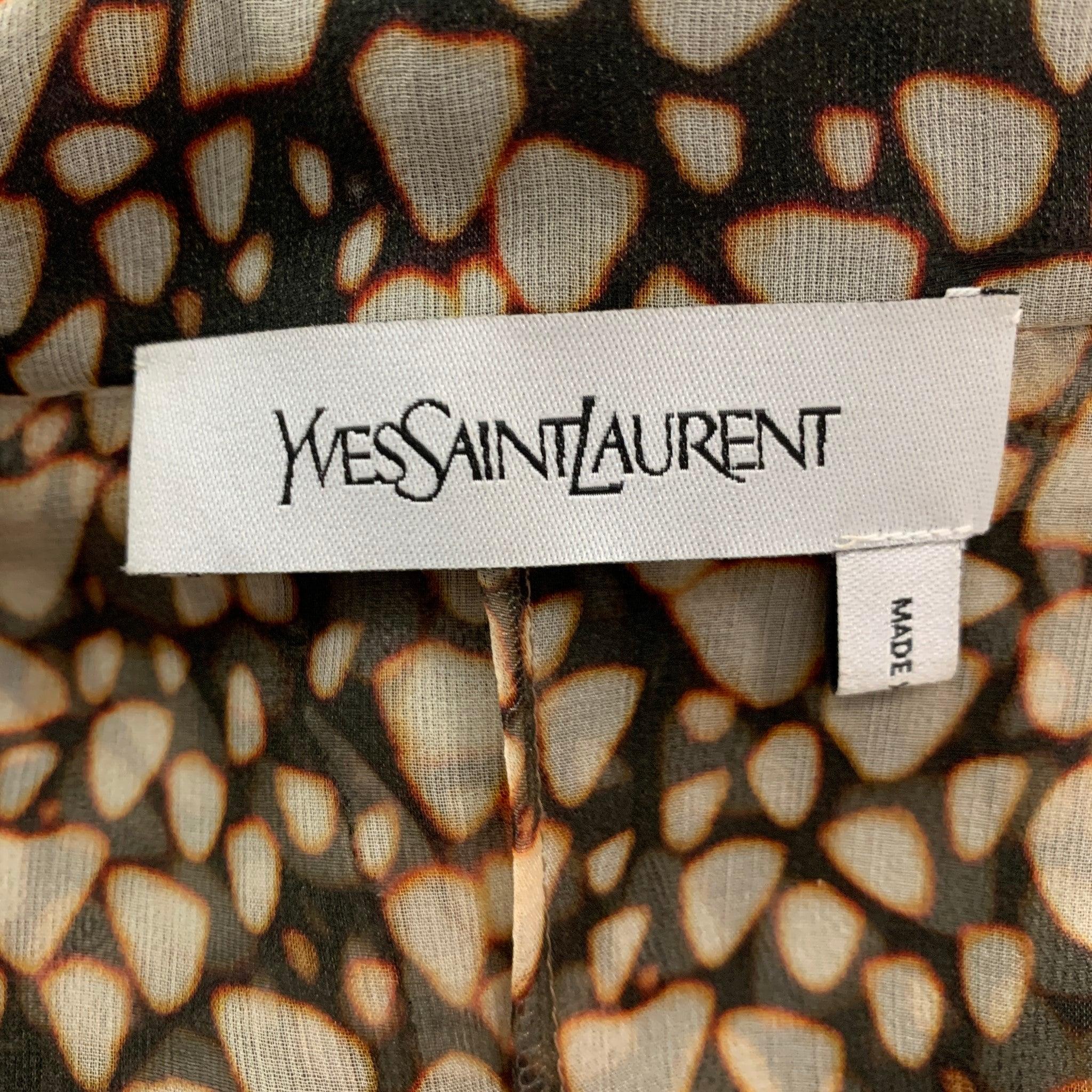 YVES SAINT LAURENT Size 8 Black Cream Silk Abstract Blouse Dress Top For Sale 1
