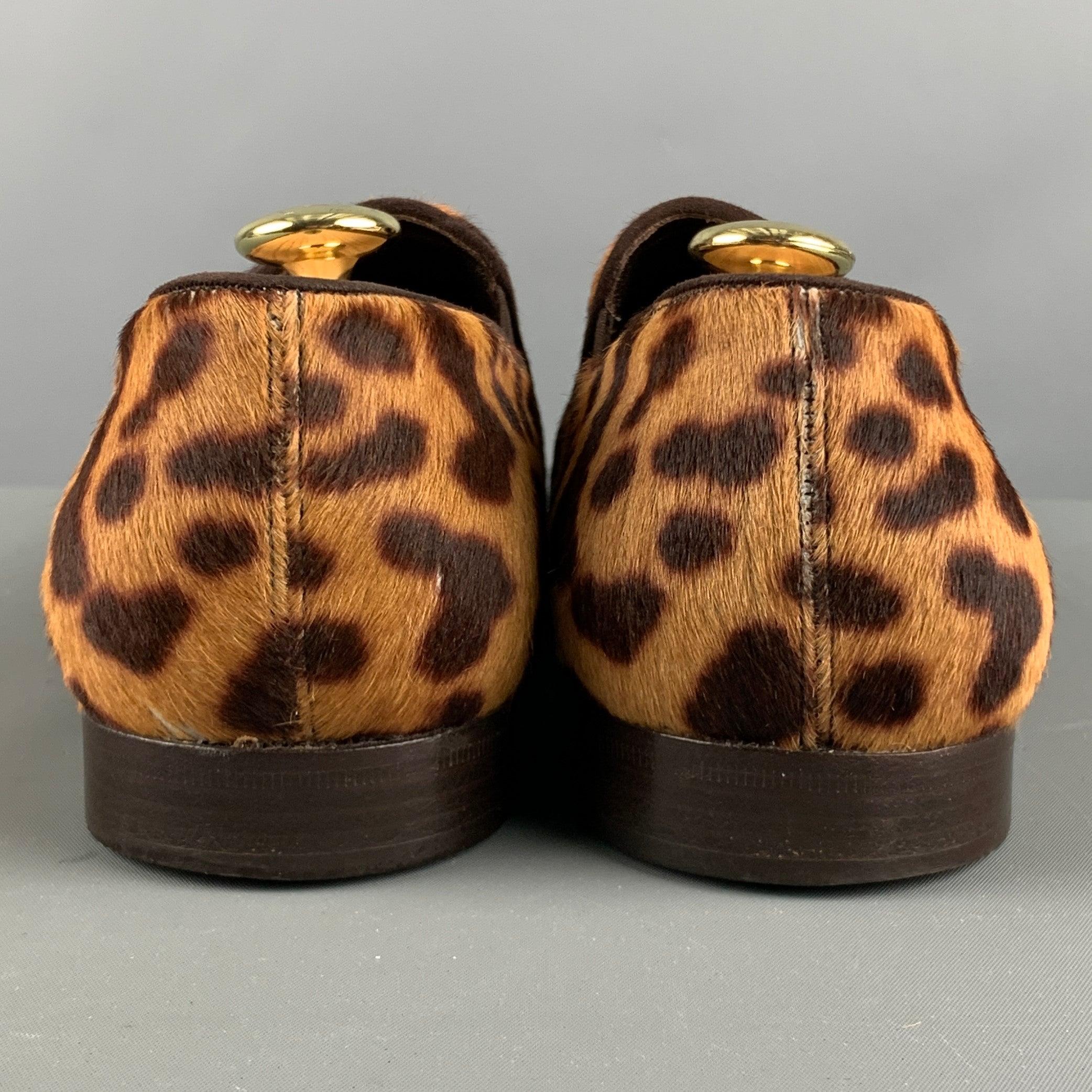 YVES SAINT LAURENT Size 8 Brown Tan Animal Print Leather Slip On Loafers In Good Condition For Sale In San Francisco, CA