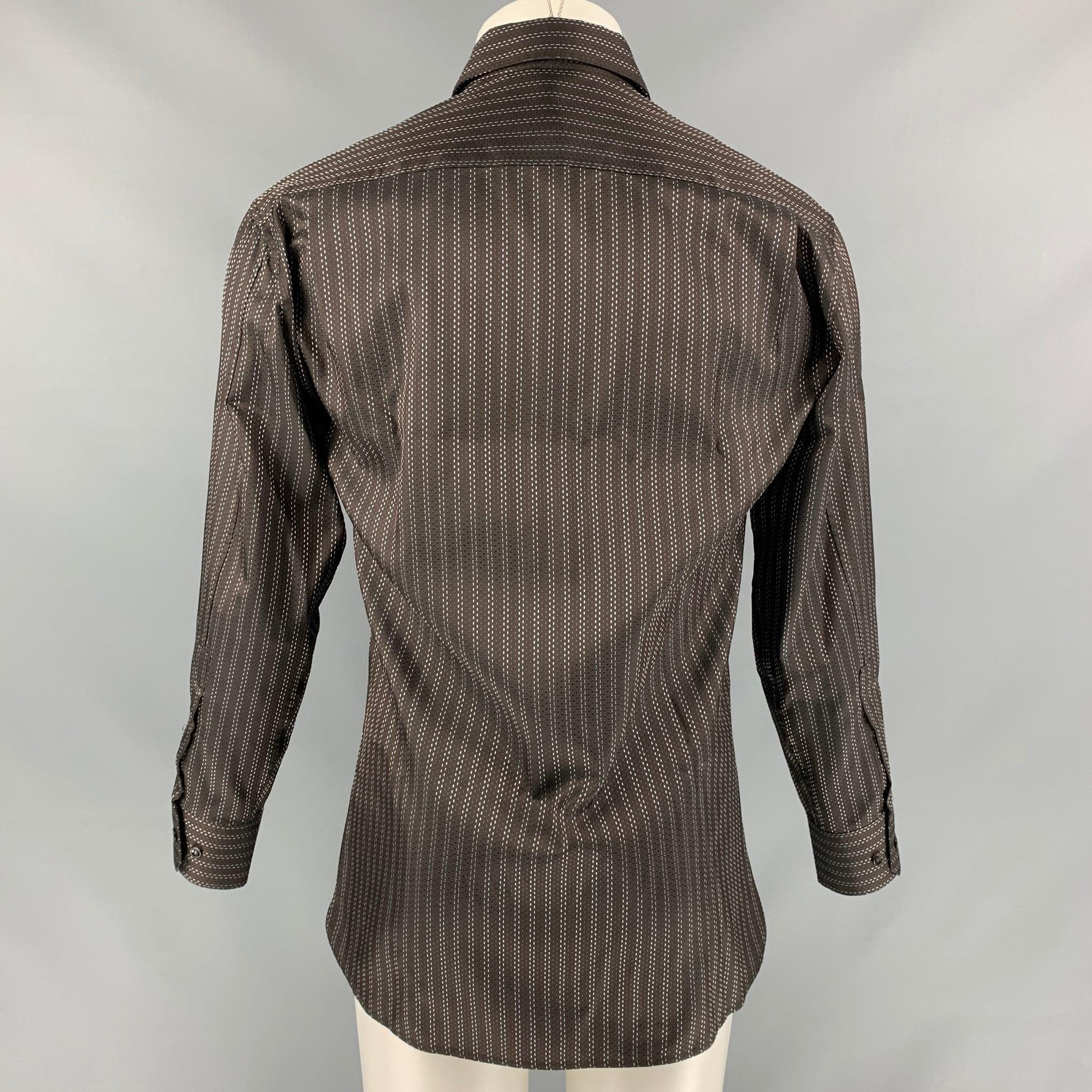 YVES SAINT LAURENT Size M Brown &  White Contrast Stitch Long Sleeve Shirt In Excellent Condition For Sale In San Francisco, CA