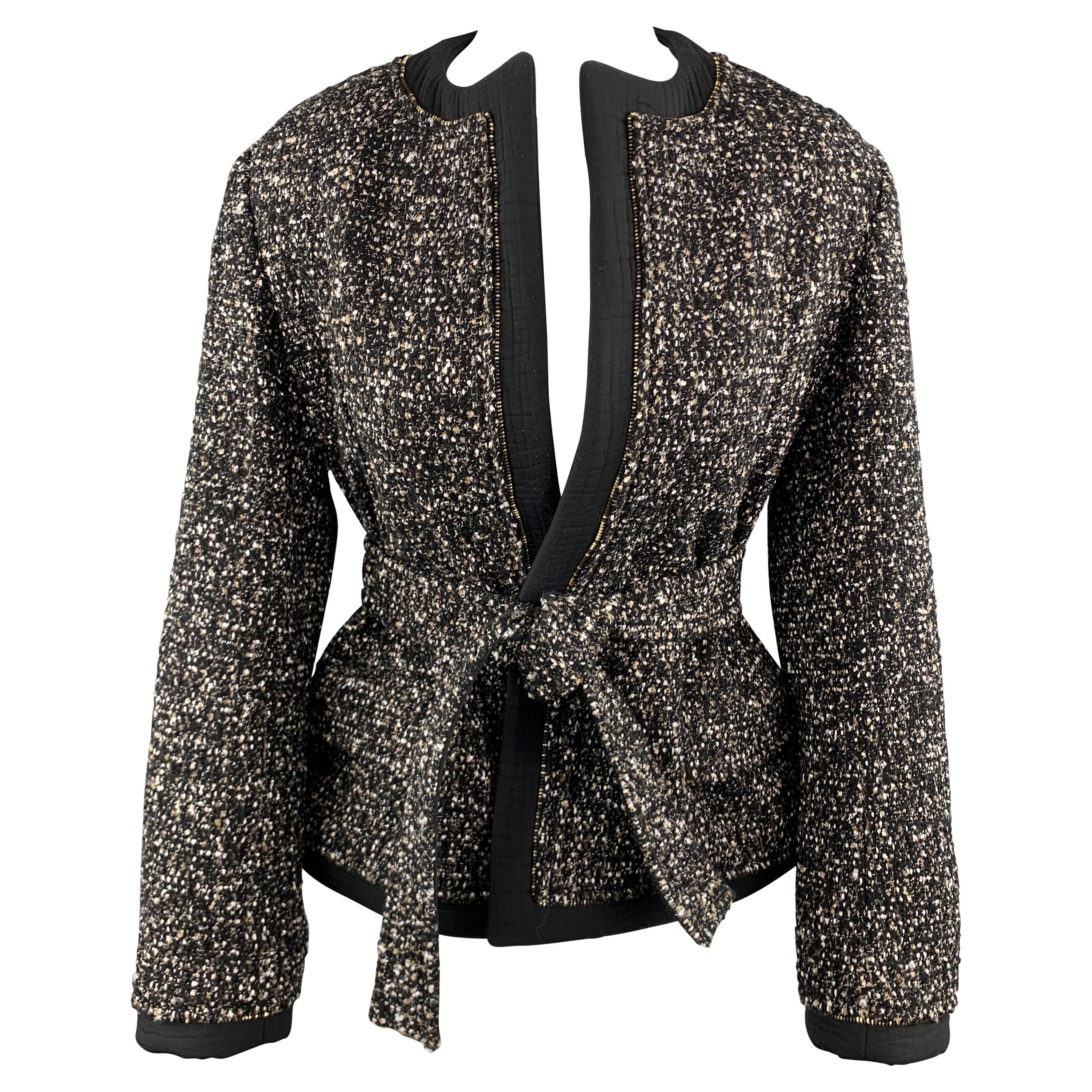 YVES SAINT LAURENT Size S Black Tweed Ziper Trim Collarless Jacket
