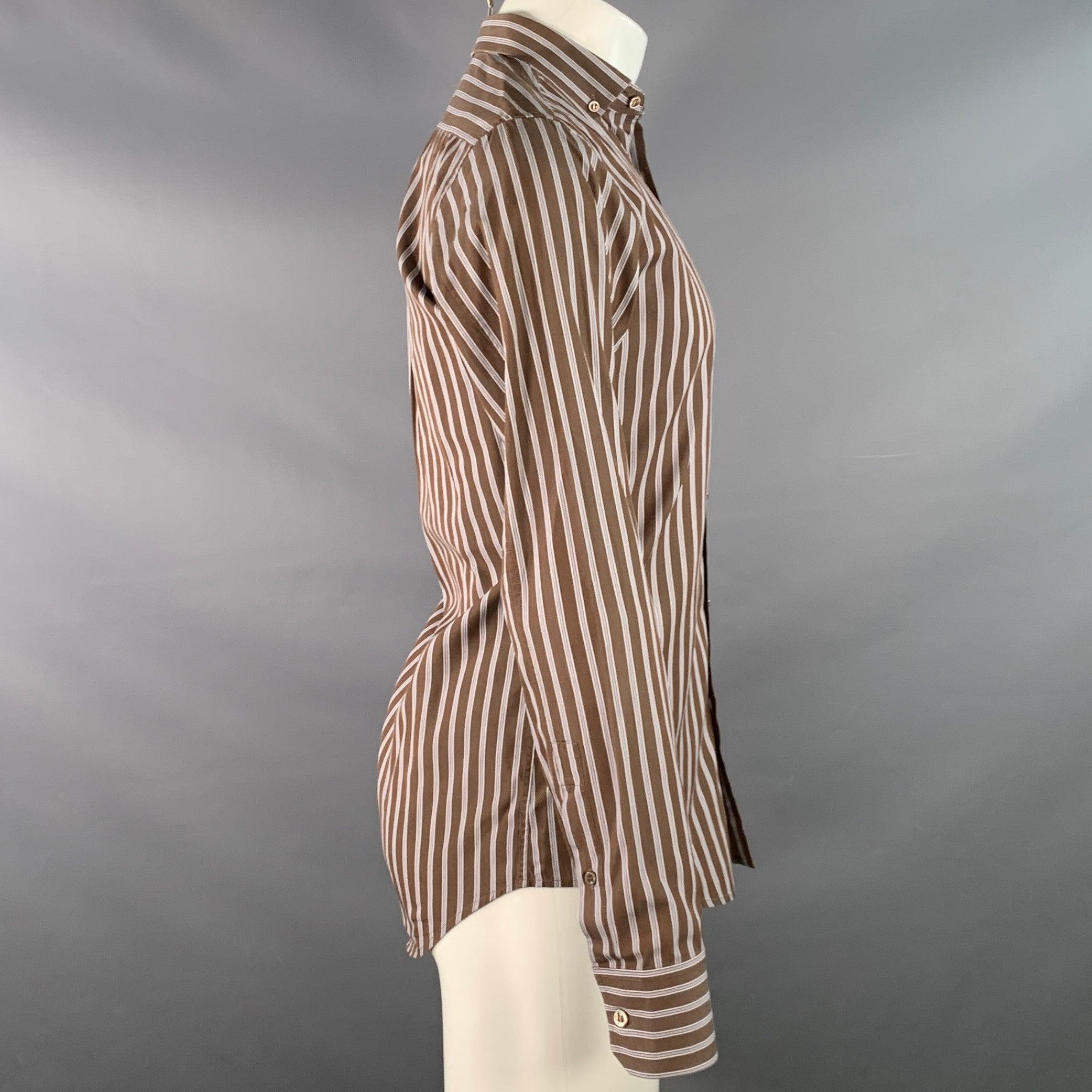 YVES SAINT LAURENT Talla S Camisa de manga larga de algodón con cuello abotonado y rayas marrón, azul marino y blanca en Excelente estado para la venta en San Francisco, CA