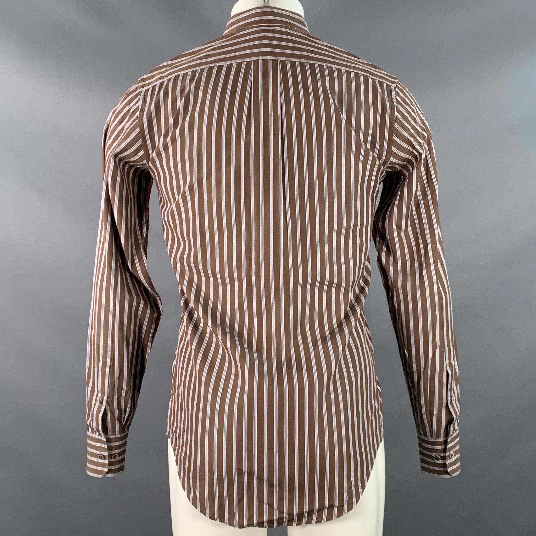 De los hombres YVES SAINT LAURENT Talla S Camisa de manga larga de algodón con cuello abotonado y rayas marrón, azul marino y blanca en venta