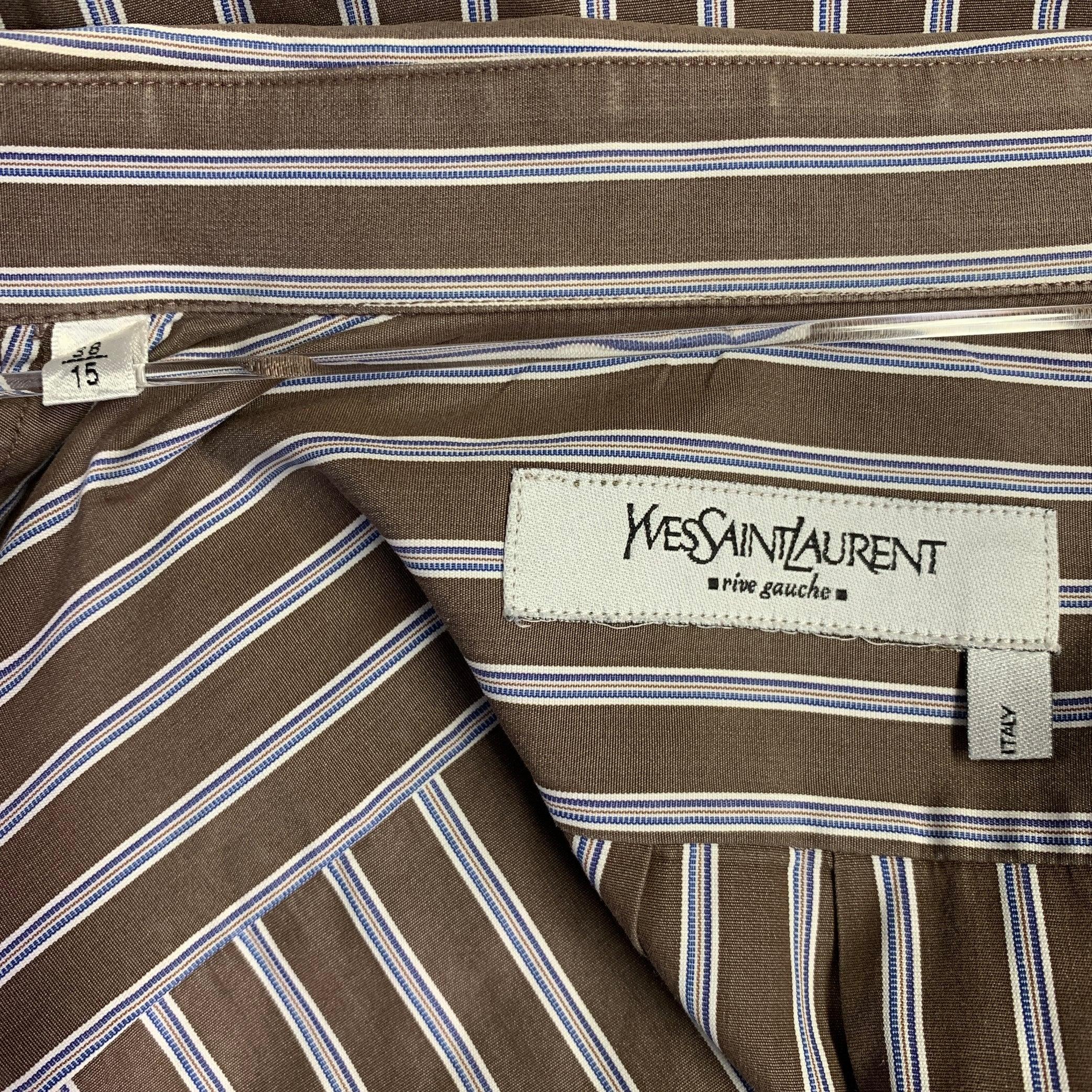YVES SAINT LAURENT Talla S Camisa de manga larga de algodón con cuello abotonado y rayas marrón, azul marino y blanca en venta 2
