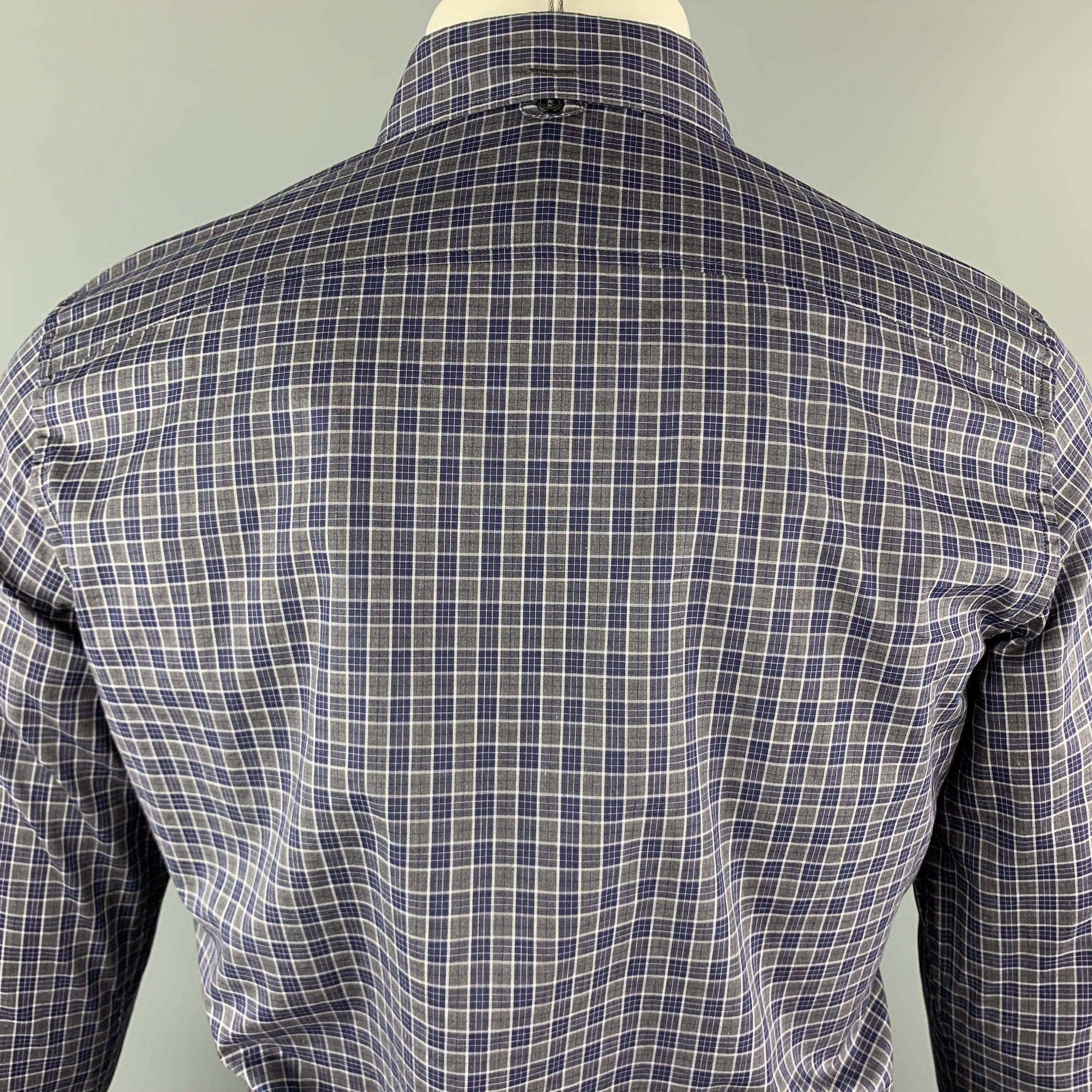 Men's YVES SAINT LAURENT Size S Gray & Navy Plaid Cotton Button Down Long Sleeve Shirt For Sale