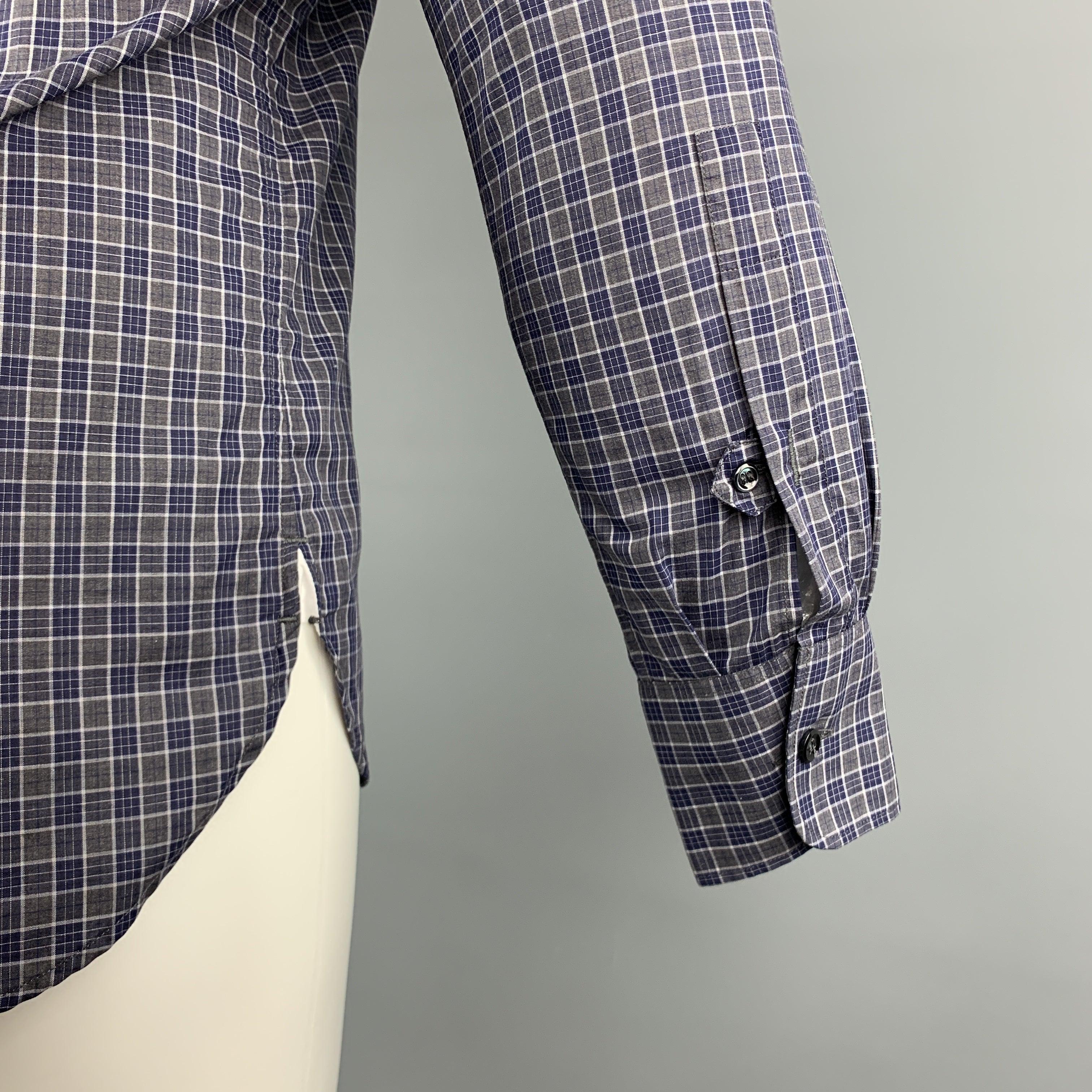 YVES SAINT LAURENT Size S Gray & Navy Plaid Cotton Button Down Long Sleeve Shirt For Sale 1
