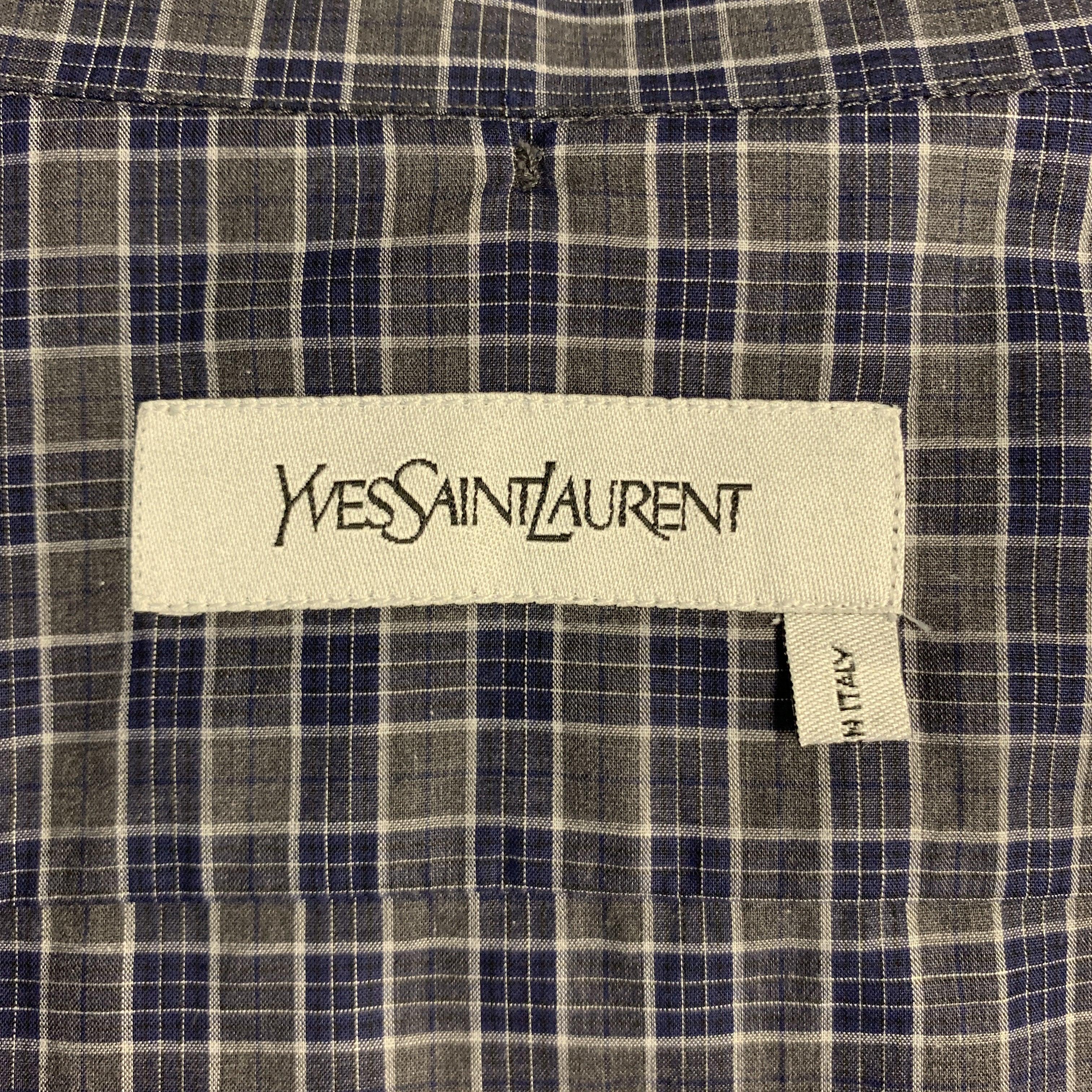 YVES SAINT LAURENT Size S Gray & Navy Plaid Cotton Button Down Long Sleeve Shirt For Sale 2