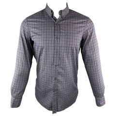 YVES SAINT LAURENT, chemise à manches longues en coton à carreaux gris et bleu marine, taille S