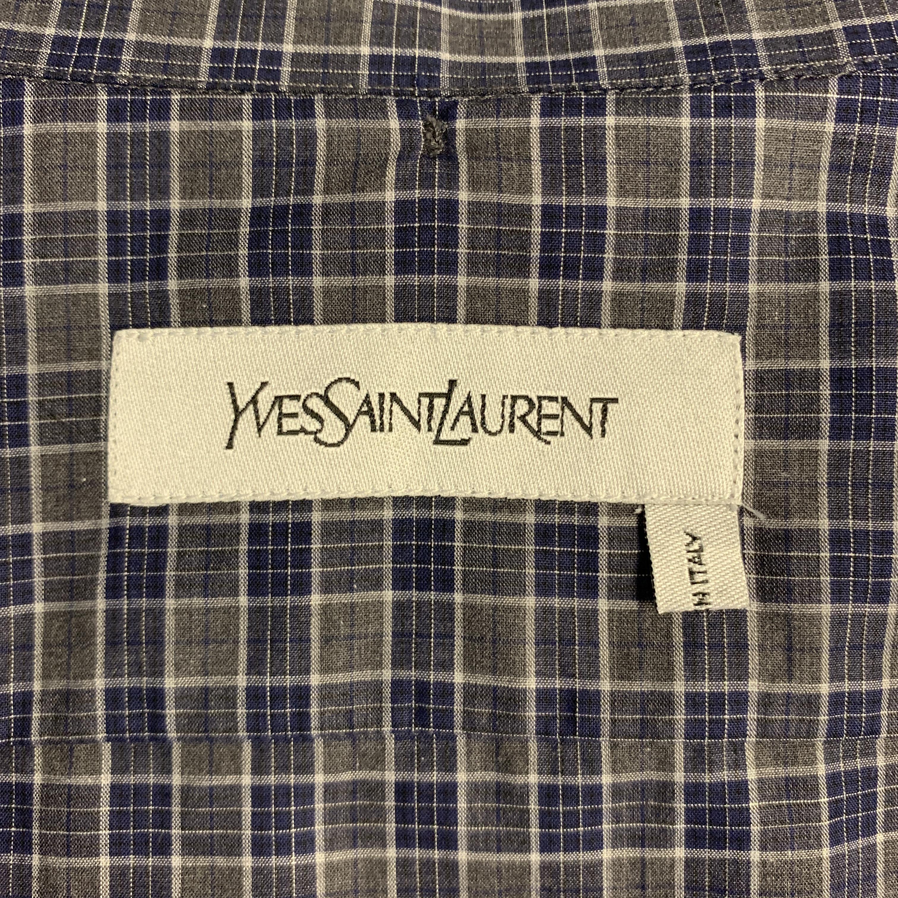 Men's YVES SAINT LAURENT Size S Gray & Navy Plaid Cotton Button Down Patch Pocket Long