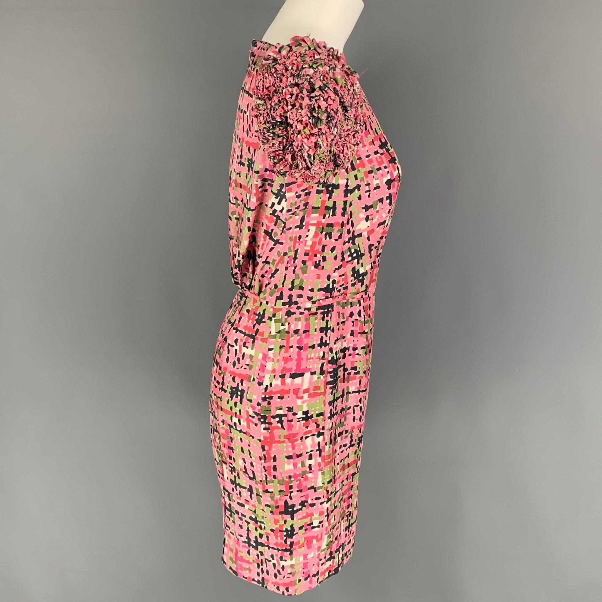 YVES SAINT LAURENT dress comes in a pink & green abstract print silk featuring a shift style, ruffled sleeves, and a back zip up closure. Made in France.
Very Good
Pre-Owned Condition. 

Marked:   F34 

Measurements: 
 
Shoulder: 14 inches  Bust: 30