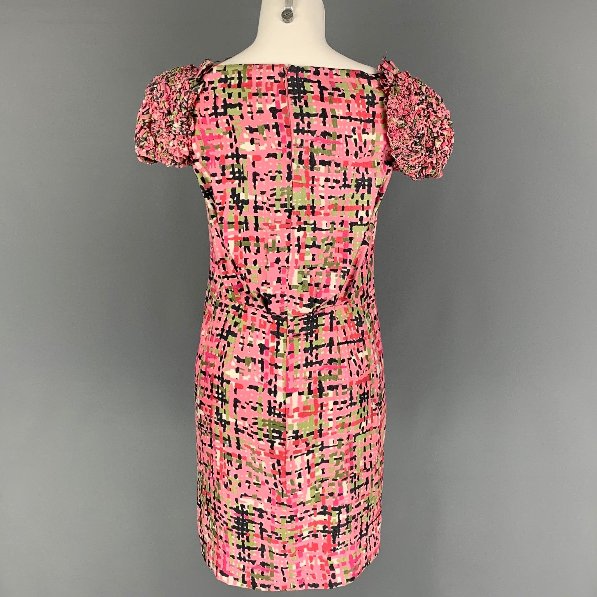 YVES SAINT LAURENT Size S Pink Green Black Abstract Short Sleeve Dress In Good Condition For Sale In San Francisco, CA