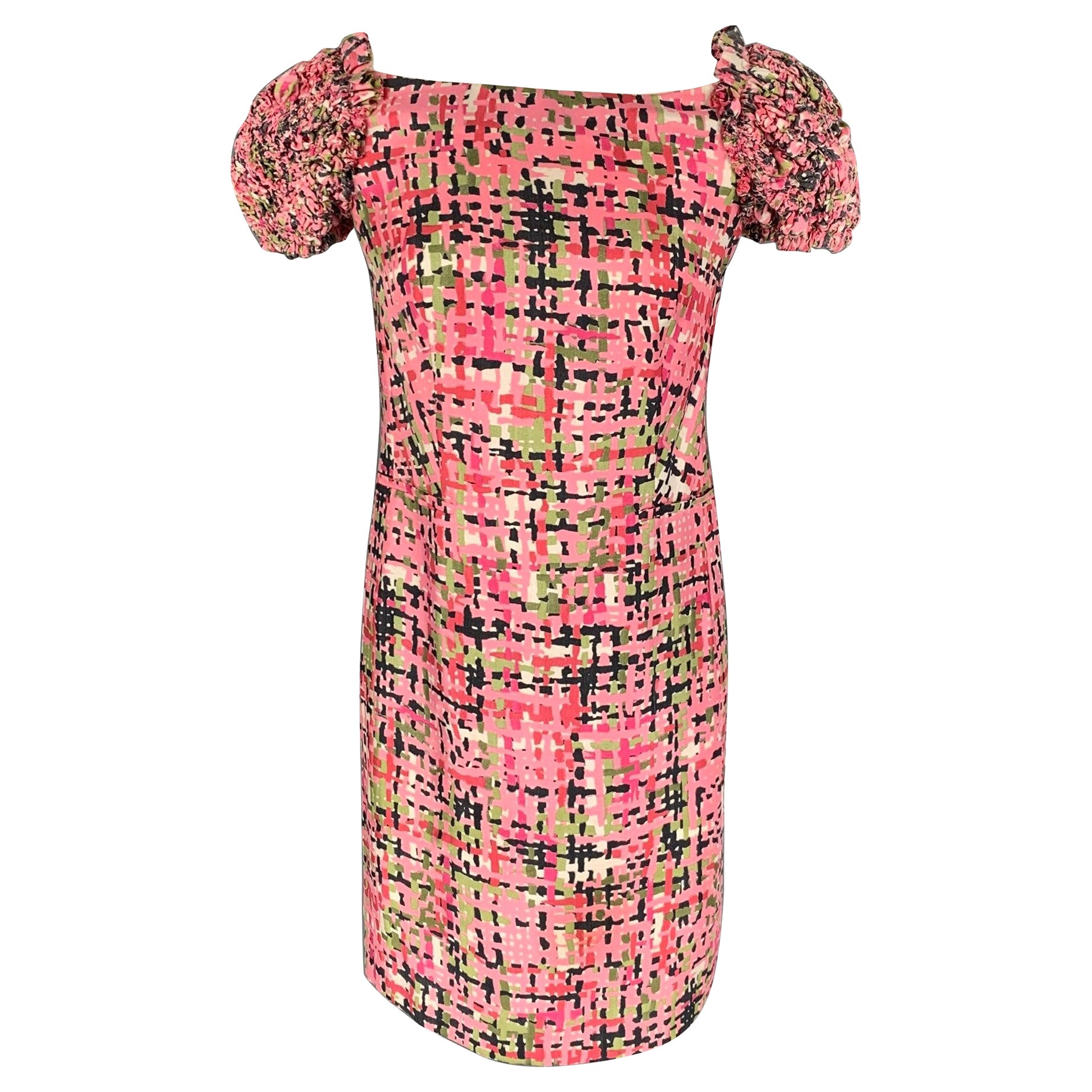 YVES SAINT LAURENT Größe S Rosa Grün Schwarz Abstraktes Kurzarmkleid mit kurzen Ärmeln im Angebot