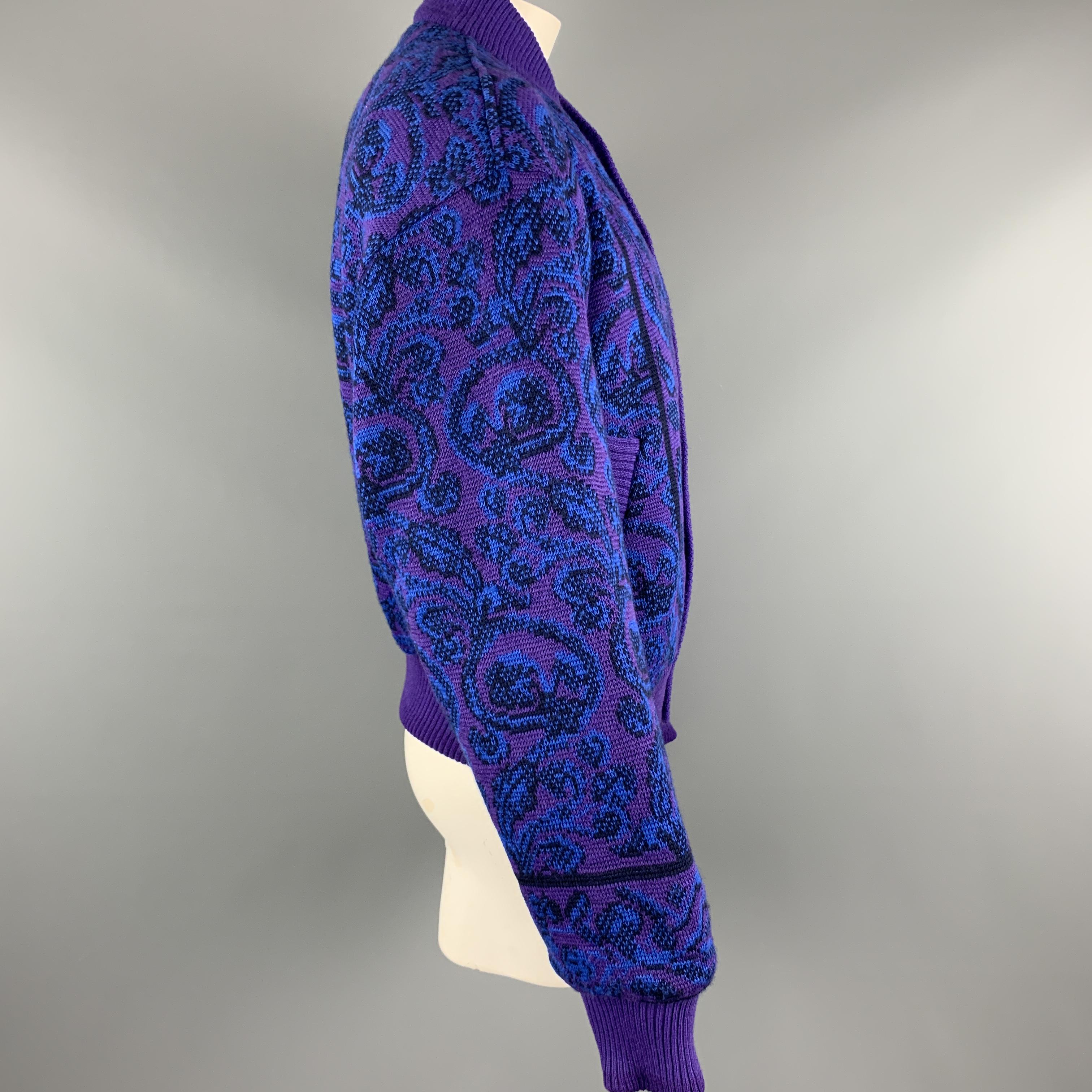 YVES SAINT LAURENT Size XL Purple & Blue Baroque Wool Knit Vintage Jacket 1
