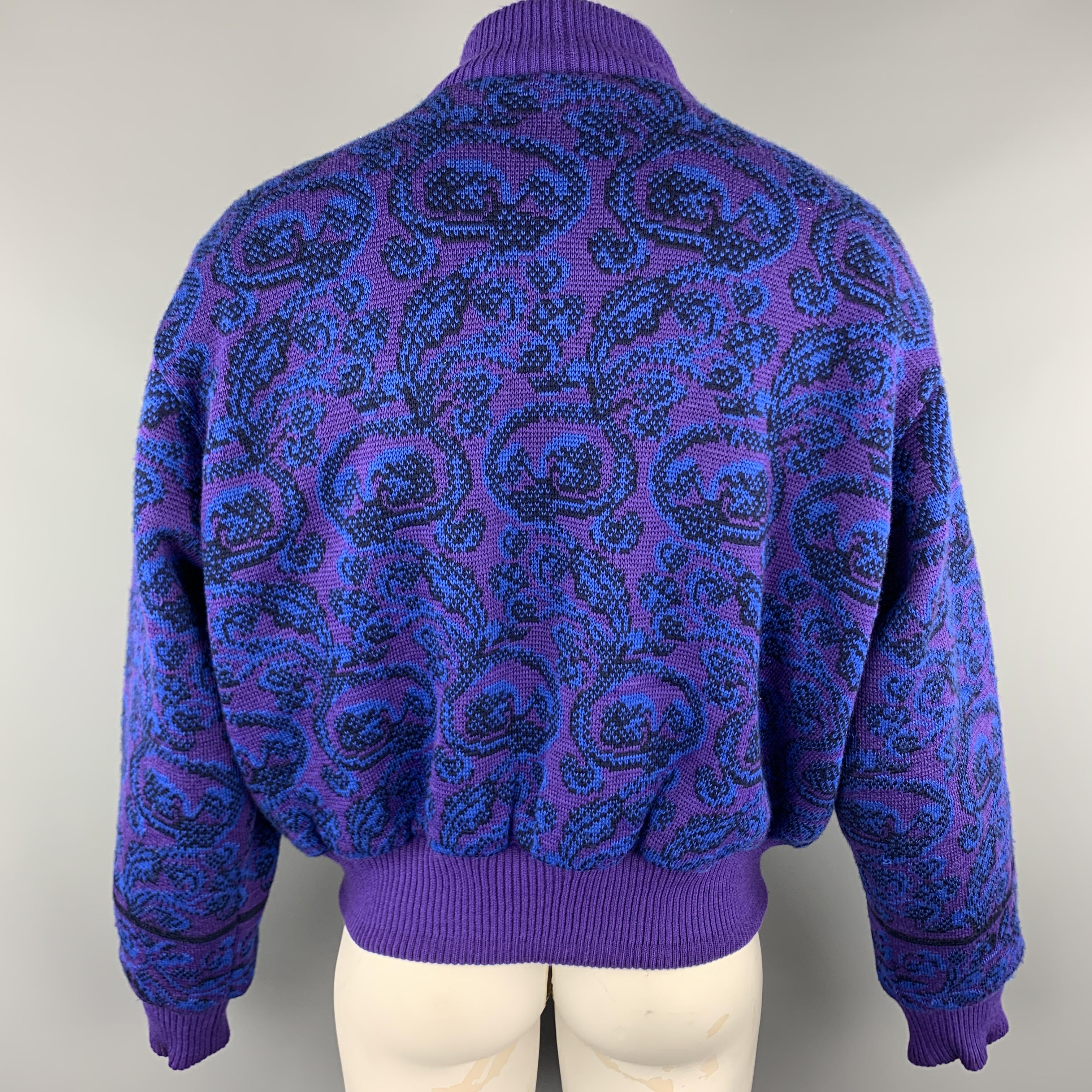 YVES SAINT LAURENT Size XL Purple & Blue Baroque Wool Knit Vintage Jacket 2