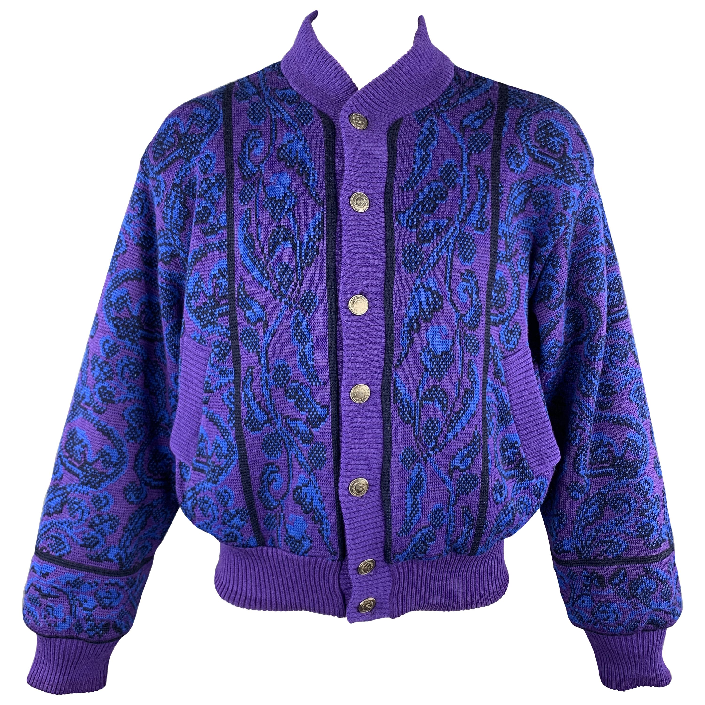 YVES SAINT LAURENT Size XL Purple & Blue Baroque Wool Knit Vintage Jacket
