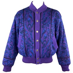 YVES SAINT LAURENT Size XL Purple & Blue Baroque Wool Knit Vintage Jacket