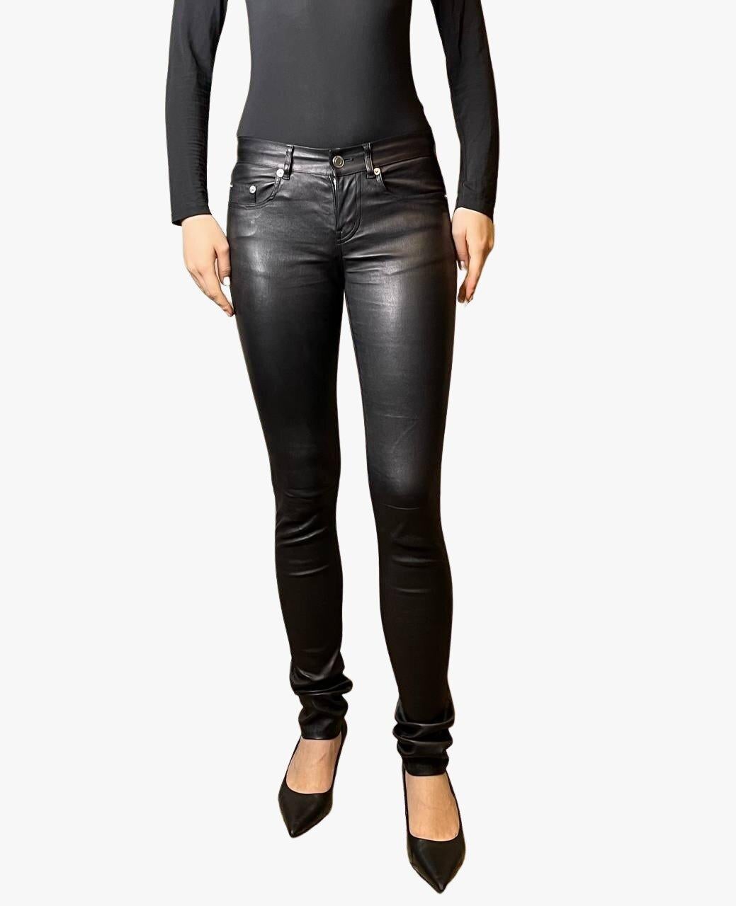 Yves Saint Laurent Skinny Stretch Leather Pants, 2010s

Yves Saint Lauren stretch leather skinny fit jeans.
Size: 36 Fr (XS)
Period: 2010s
Composition: 100$ lambskin, partially lined with cotton.
Length: 103cm
Condition: very good overall condition,
