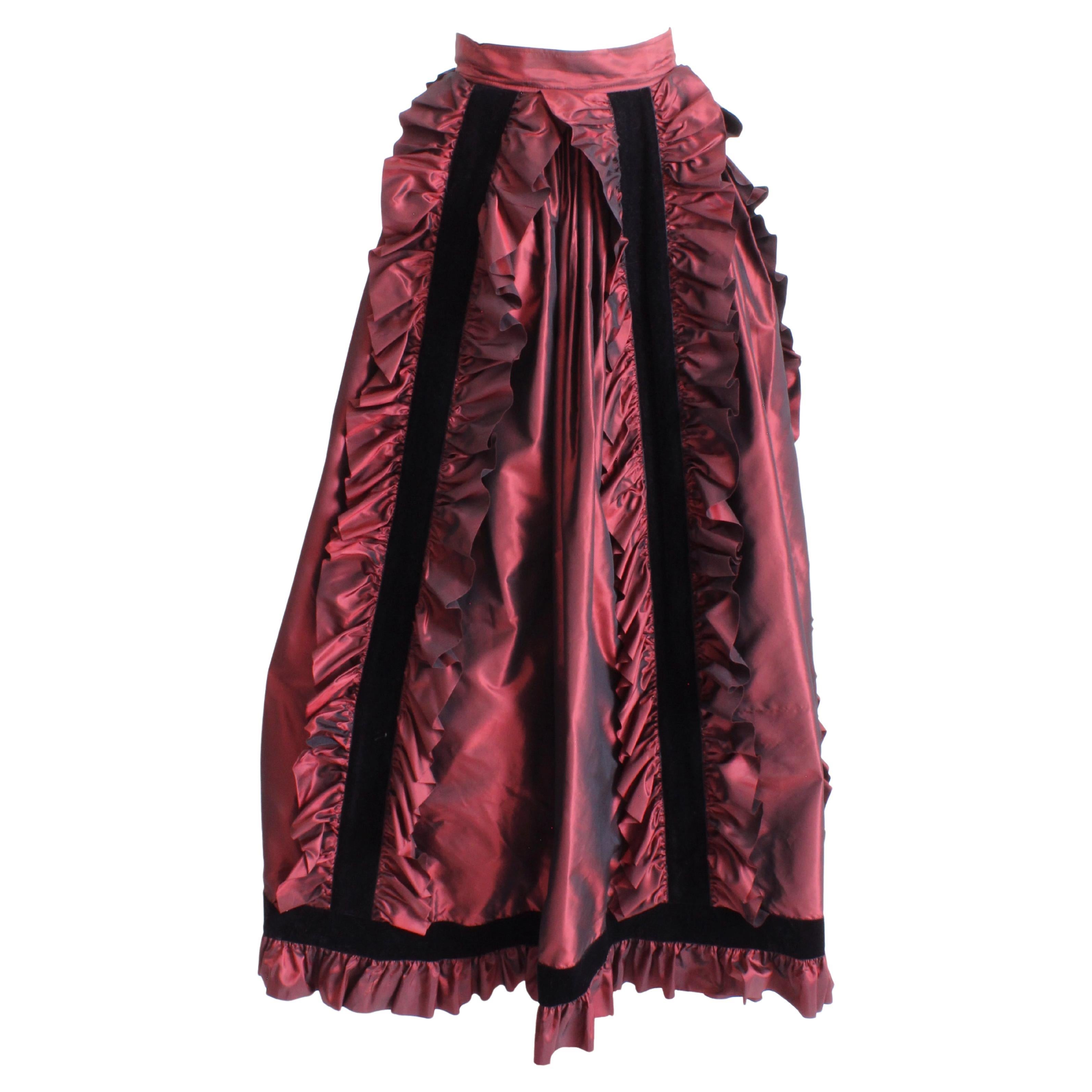 Yves Saint Laurent Skirt Long Burgundy Taffeta Ruffles Black Velvet Vintage  1