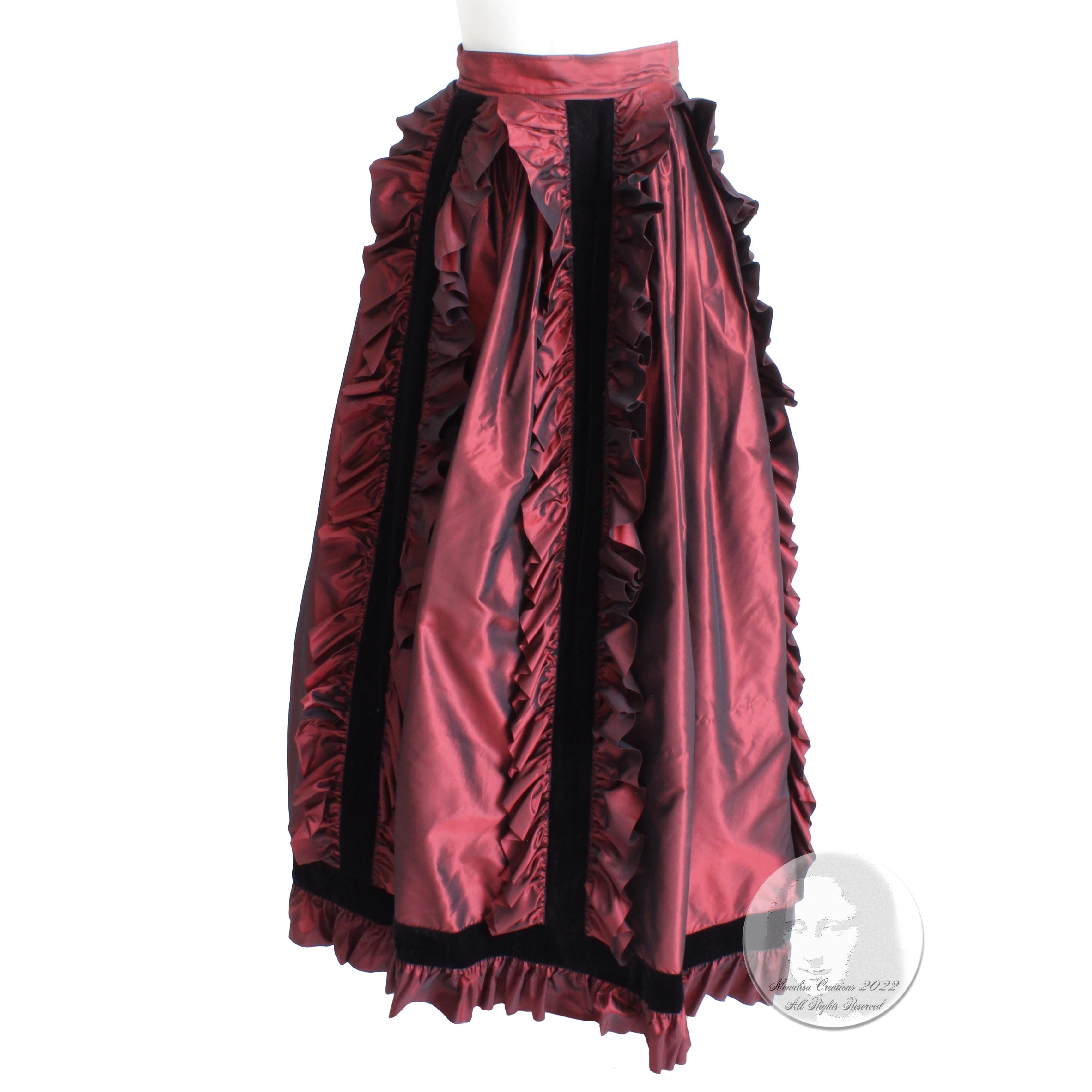 Yves Saint Laurent Skirt Long Burgundy Taffeta Ruffles Black Velvet Vintage  4