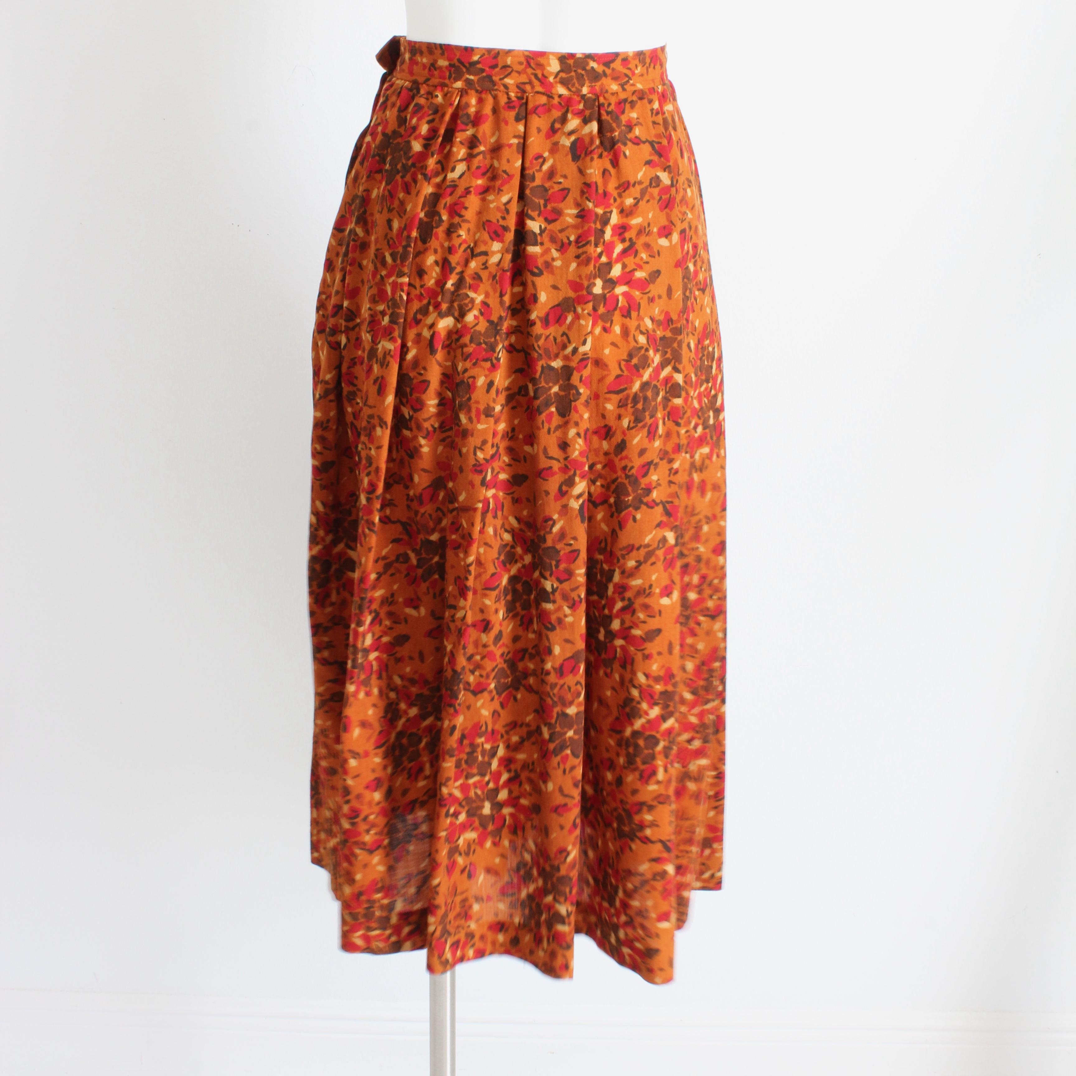 Brown Yves Saint Laurent Skirt Pleated A-Line Floral Print Wool Size 38 Vintage 80s For Sale
