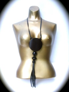 Yves Saint Laurent Sleek Wood Black Leather Pendant Necklace in YSL box c 1990s