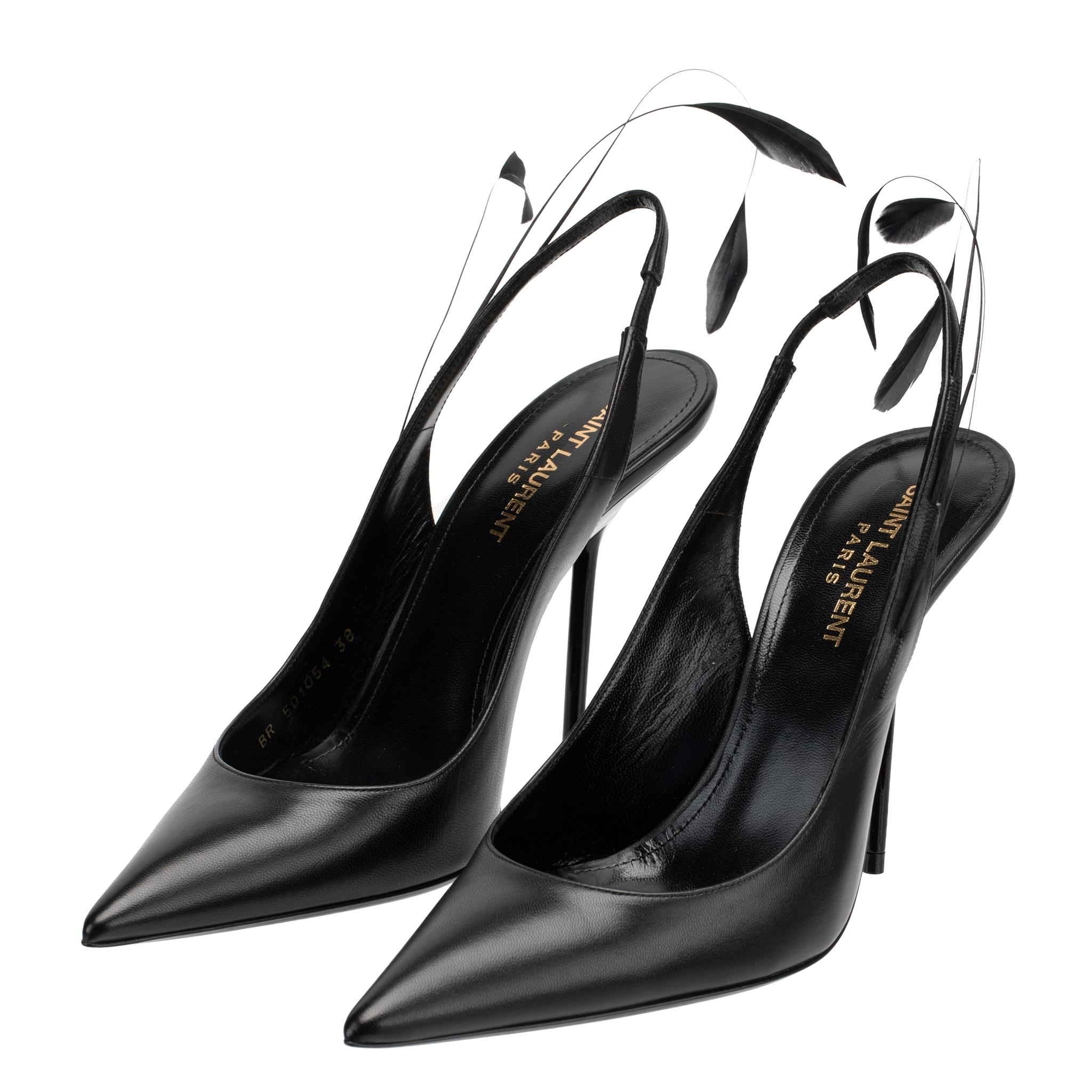 Yves Saint Laurent Slingback Pumps Black Leather With Feather Detail 36 FR In New Condition For Sale In DOUBLE BAY, NSW