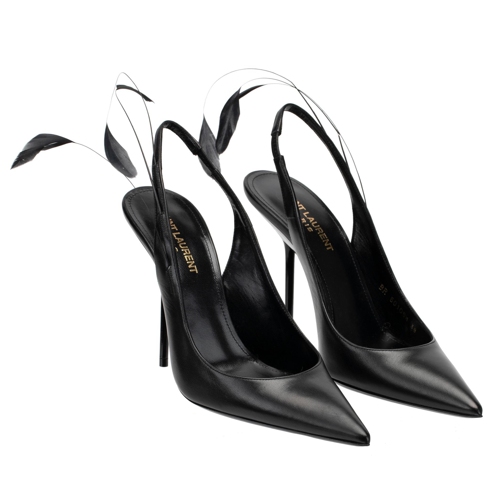 Women's Yves Saint Laurent Slingback Pumps Black Leather With Feather Detail 36 FR For Sale