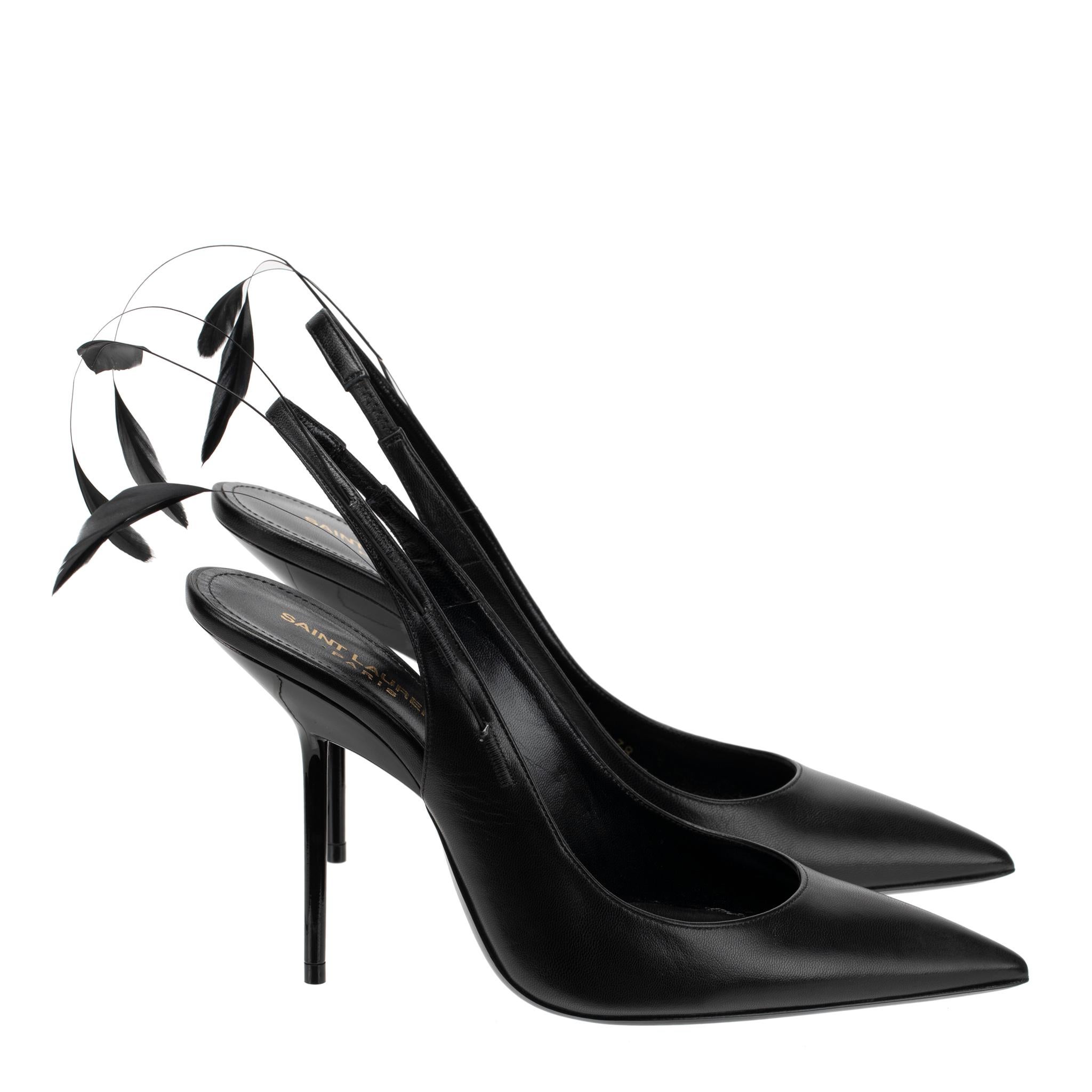 Yves Saint Laurent Slingback Pumps Black Leather With Feather Detail 36 FR For Sale 1