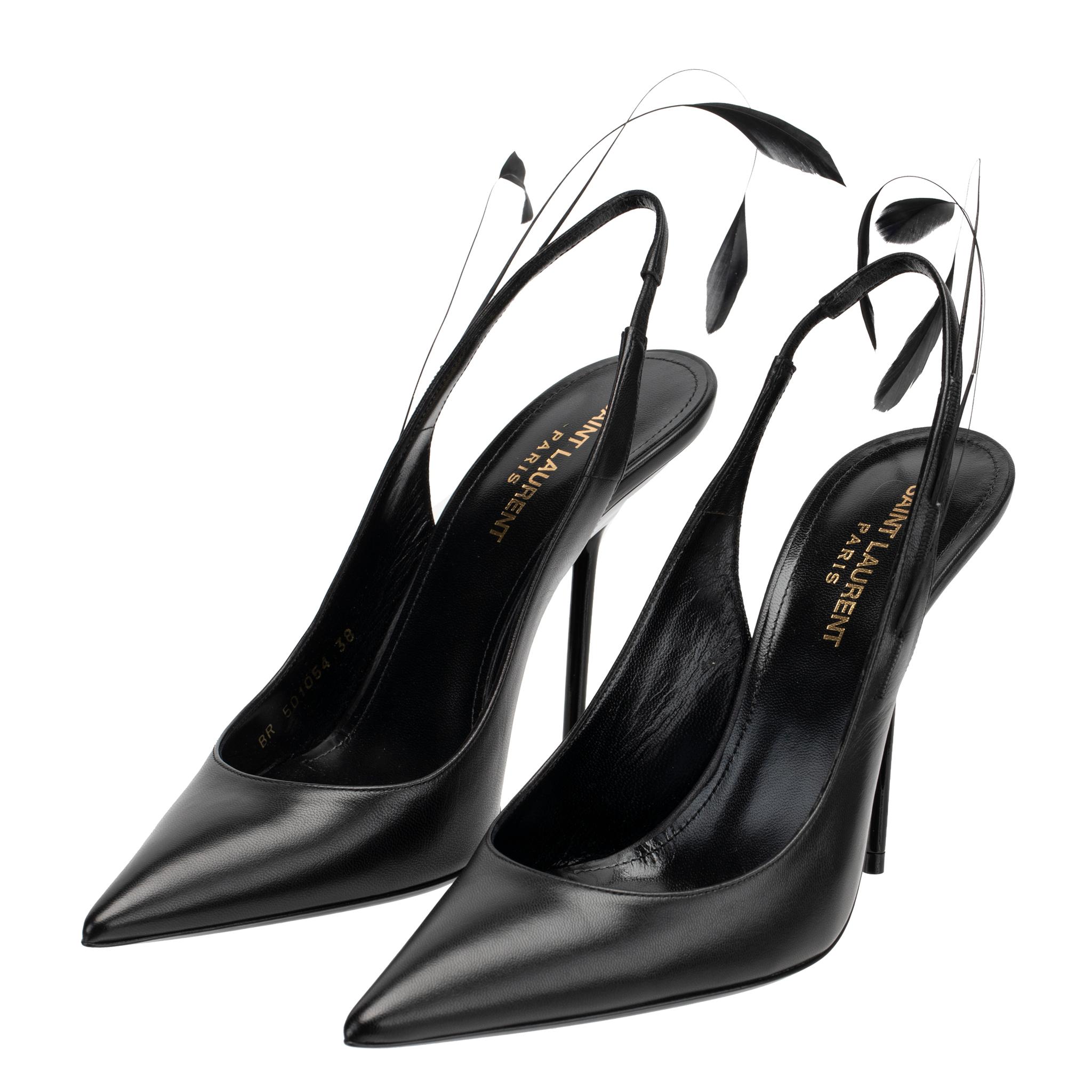 Yves Saint Laurent Slingback Pumps Black Leather With Feather Detail 37 FR In New Condition For Sale In DOUBLE BAY, NSW