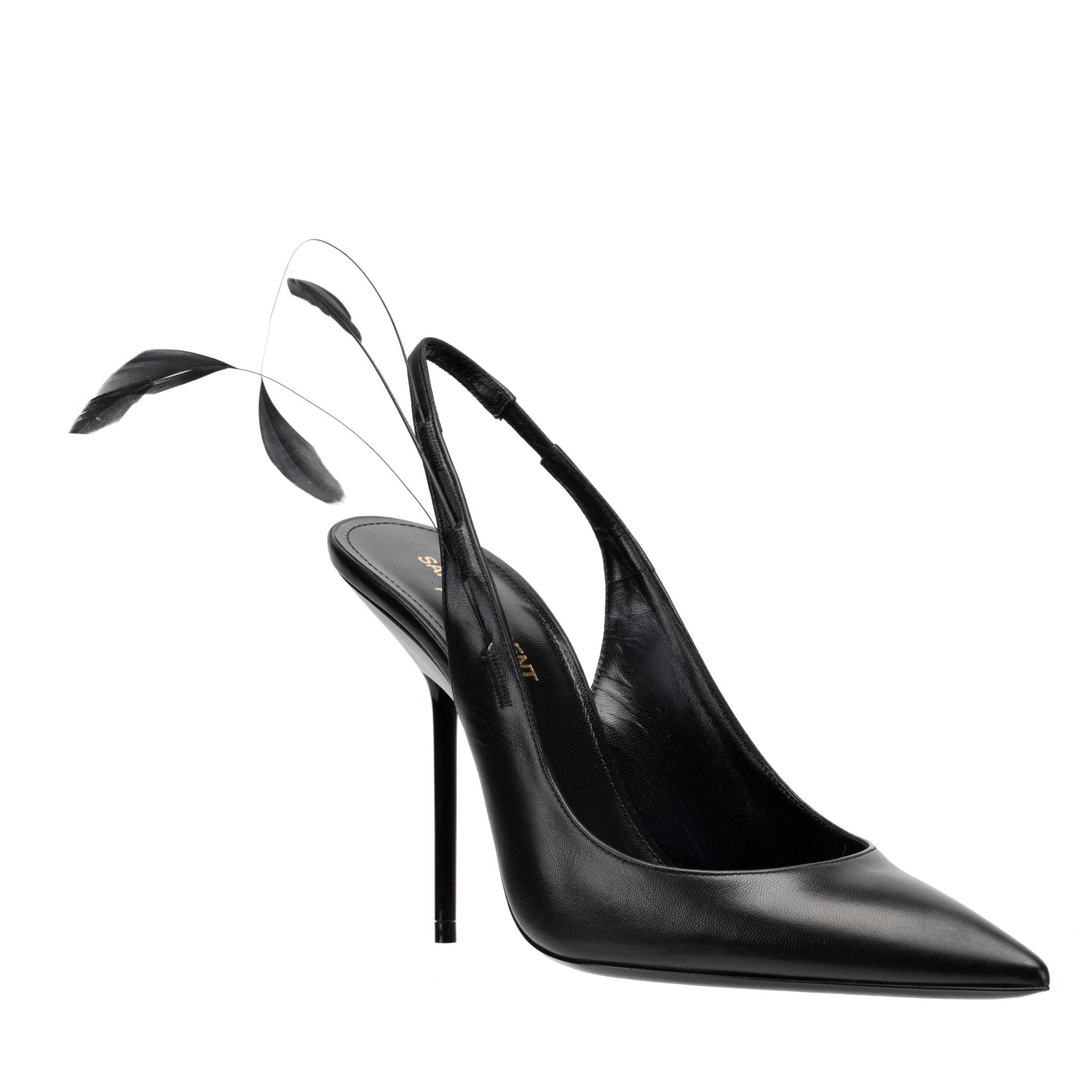 Yves Saint Laurent Slingback Pumps Black Leather With Feather Detail 37 FR For Sale 3