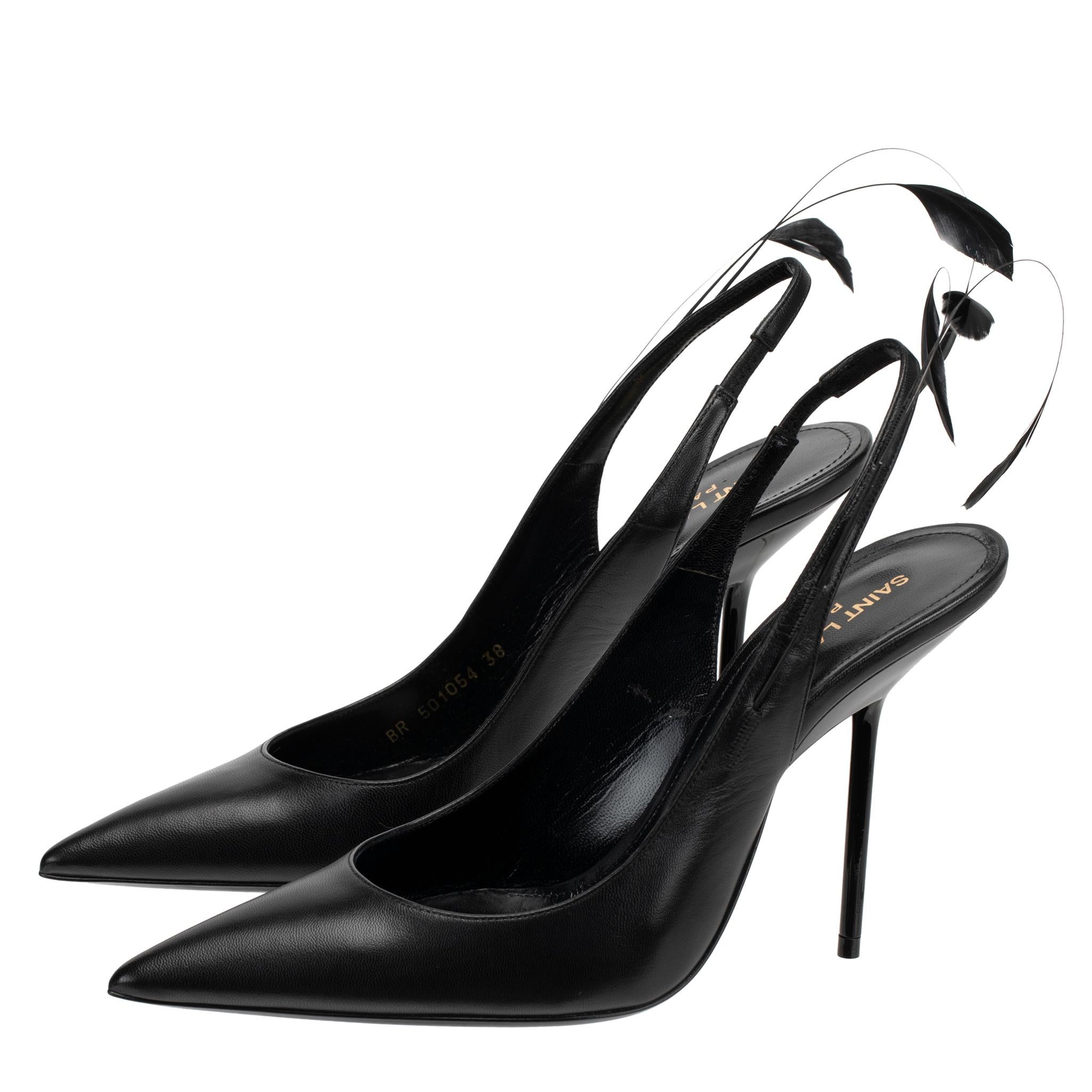 These luxurious Yves Saint Laurent Slingback Pumps feature smooth black leather with an eye-catching feather detail, perfect for creating an alluring, sophisticated look. The high-end leather material ensures long-term wear while the feather detail