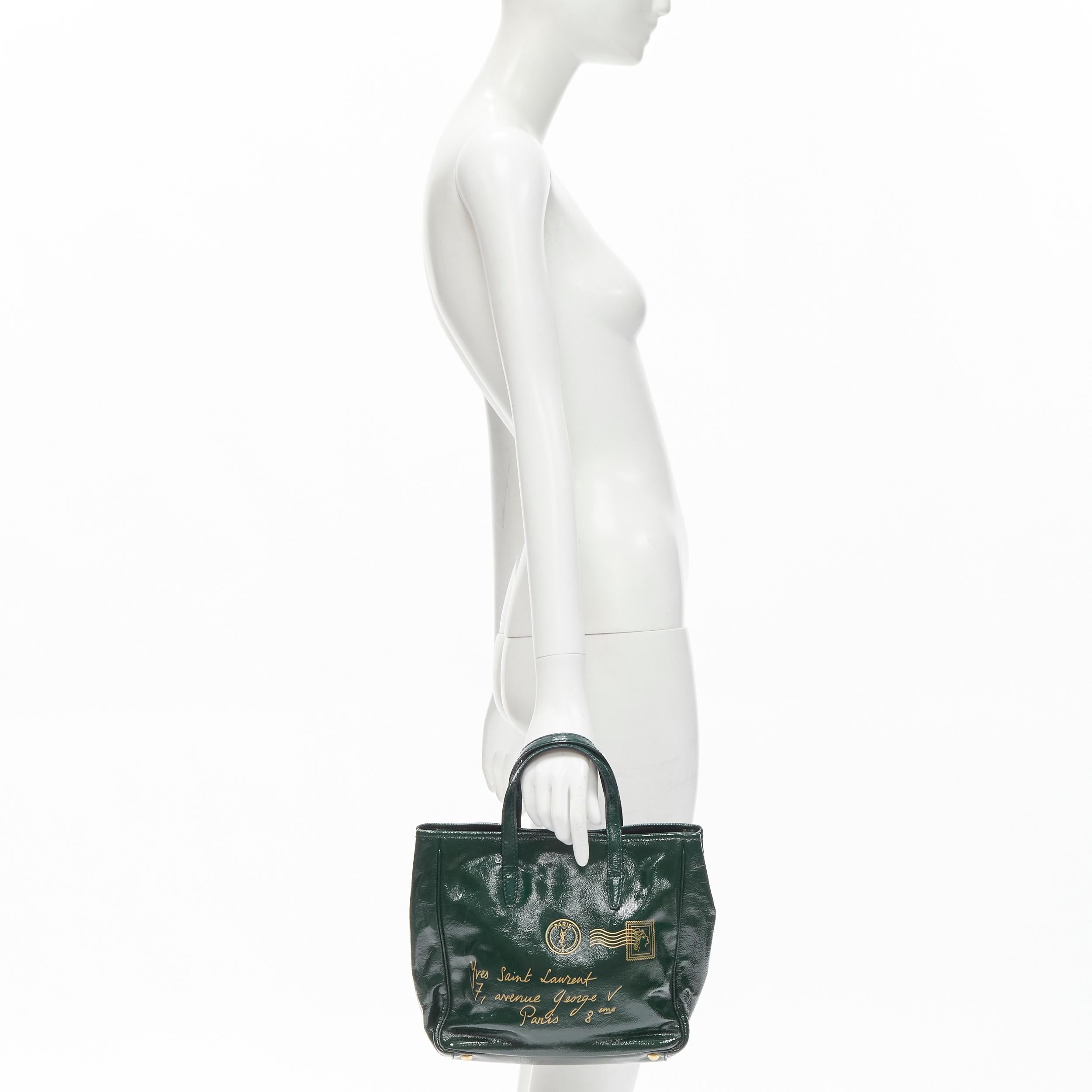YVES SAINT LAURENT Small Y-Mail green patent gold print tote bag
Brand: Yves Saint Laurent
Model: 197699 002122
Collection: Y-Mail 
Material: Patent Leather
Color: Green
Pattern: Solid
Closure: Magnet
Extra Detail: Dark green patent leather upper.