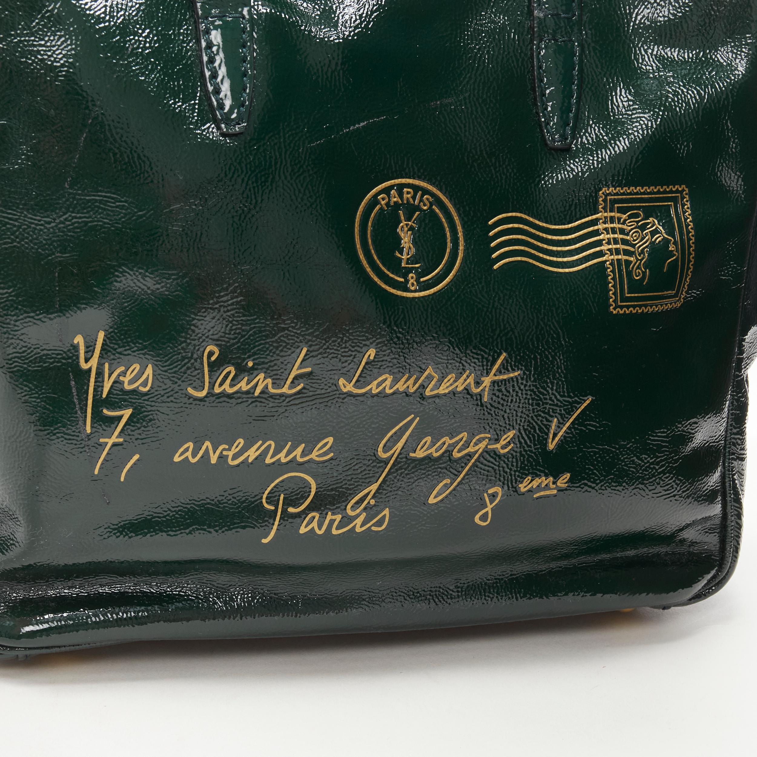 YVES SAINT LAURENT Small Y-Mail green patent gold print tote bag 1