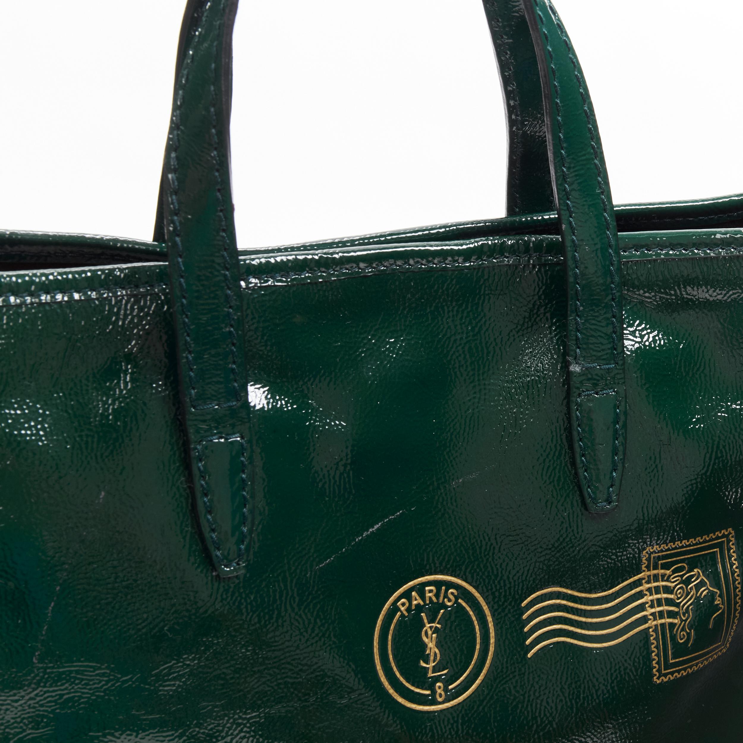 YVES SAINT LAURENT Small Y-Mail green patent gold print tote bag 2