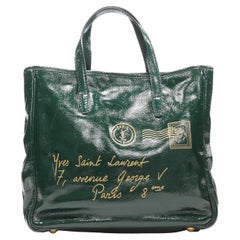 YVES SAINT LAURENT Small Y-Mail green patent gold print tote bag