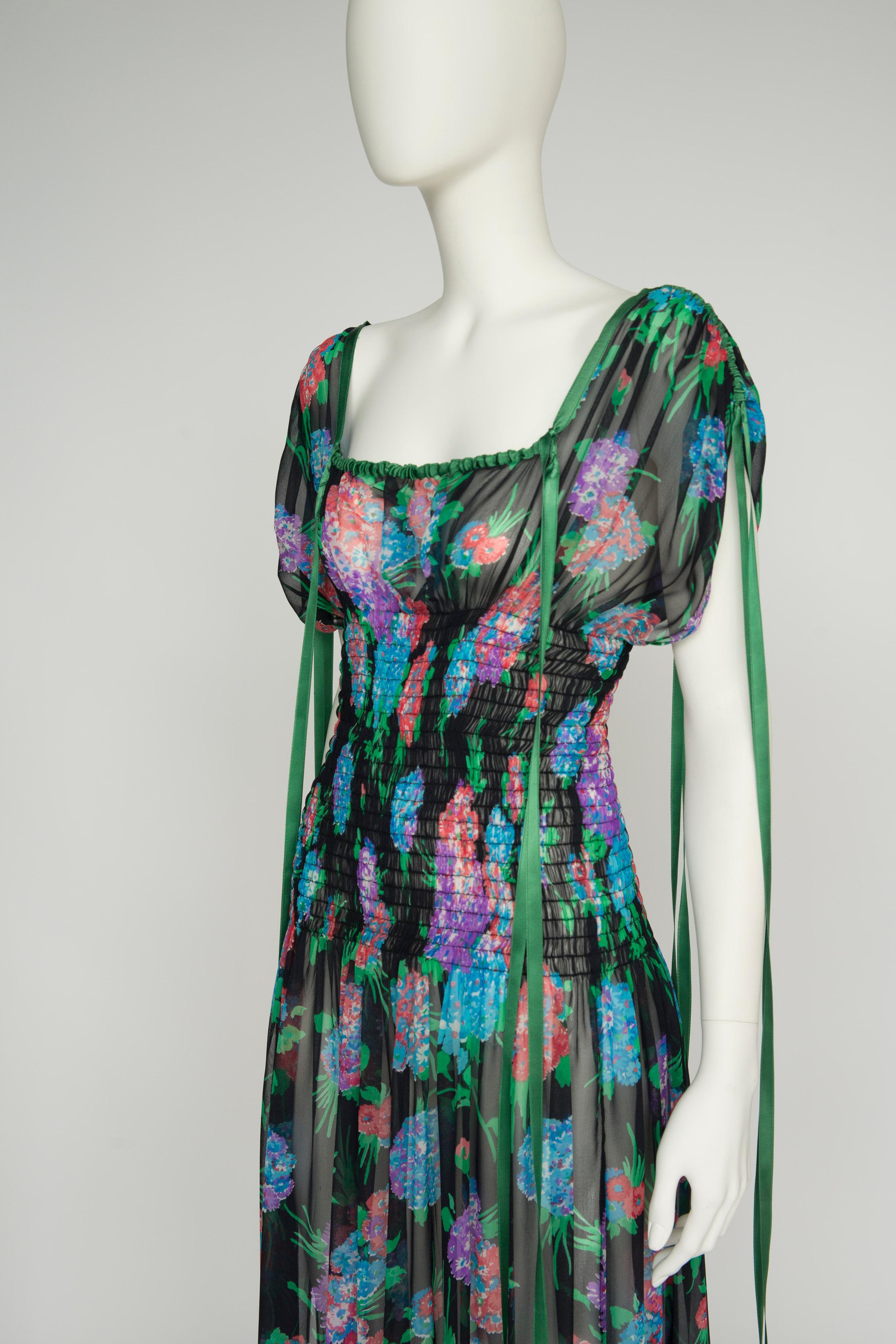 Yves Saint Laurent Smocked Floral-Print Silk-Chiffon Maxi Dress For Sale 5